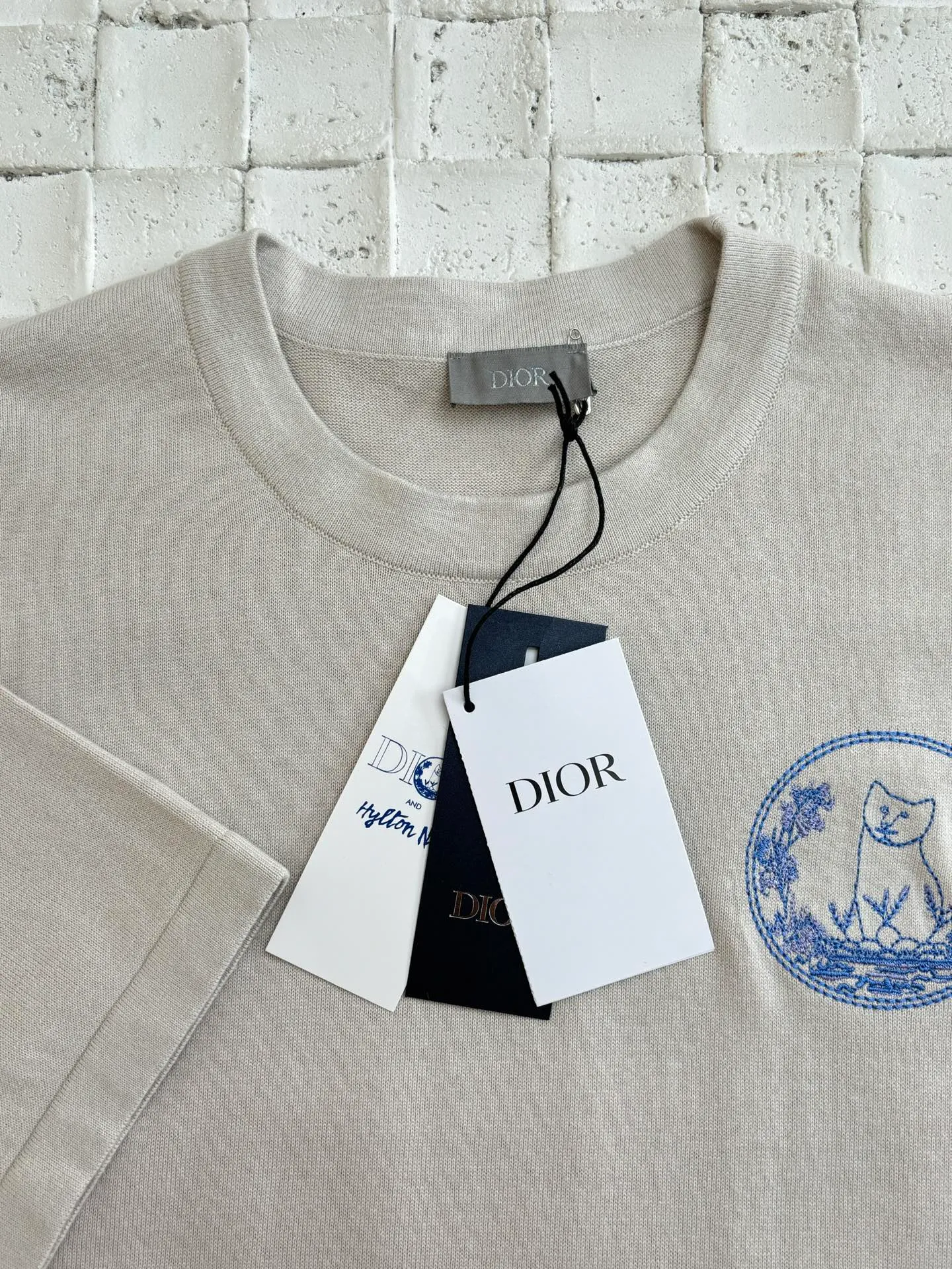🅿️360 Dio*/Dior 25 new limited-edition short-sleeved T-shirt with cat embroidery logo. It is made of customized cotton plain fabric, breathable and comfortable. It is decorated with hollow brand letter embroidery on the chest, with co-branded cute kitten embroidery pattern, and custom-woven rib double-needle hemming technology. Size: S/M/L/XL