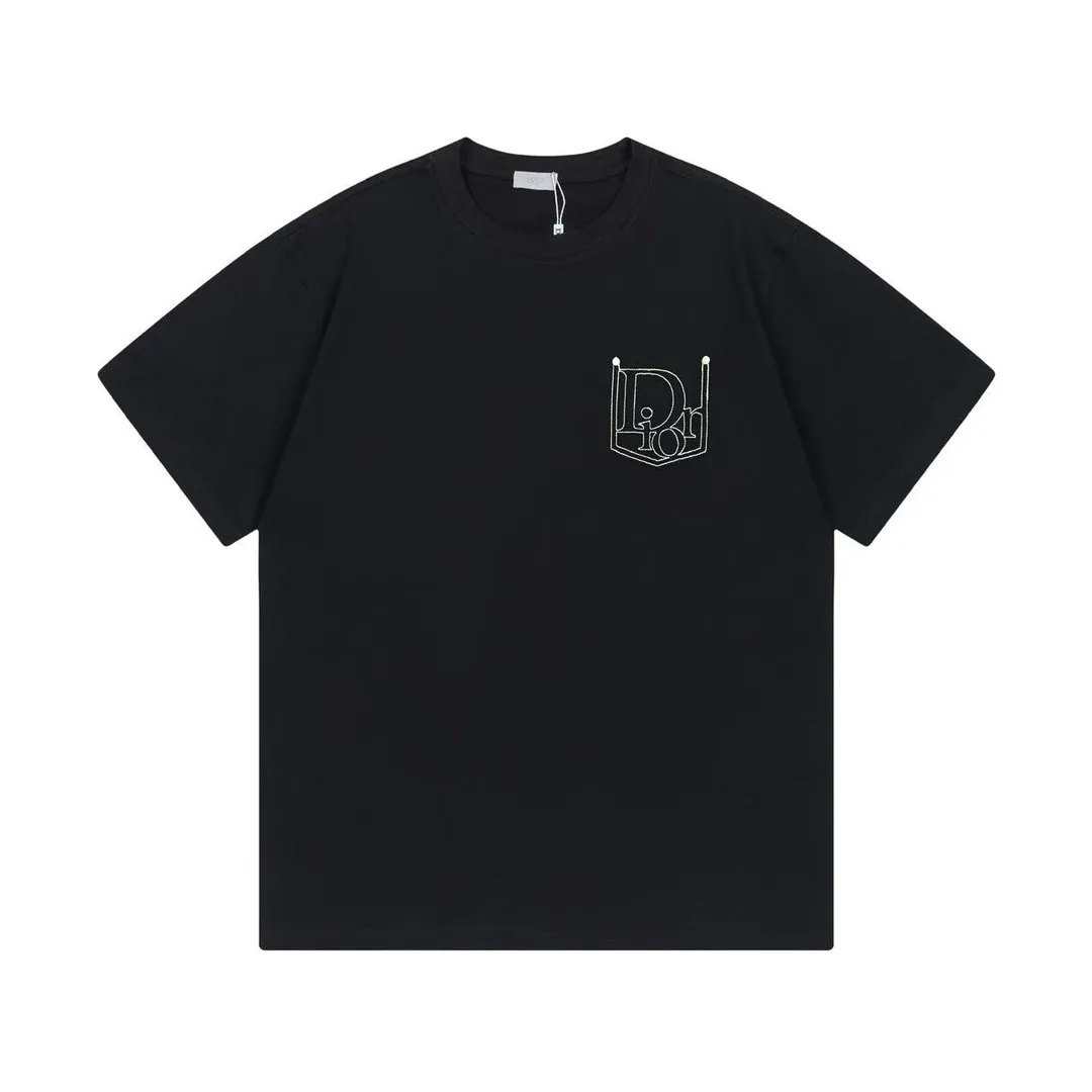 🅿️170 Dior 2025 early spring new style, customized 270g double yarn pure cotton fabric, embroidered fake pockets, hollow letter logo, couple style, short-sleeved T-shirt, color: black, size: XS-L