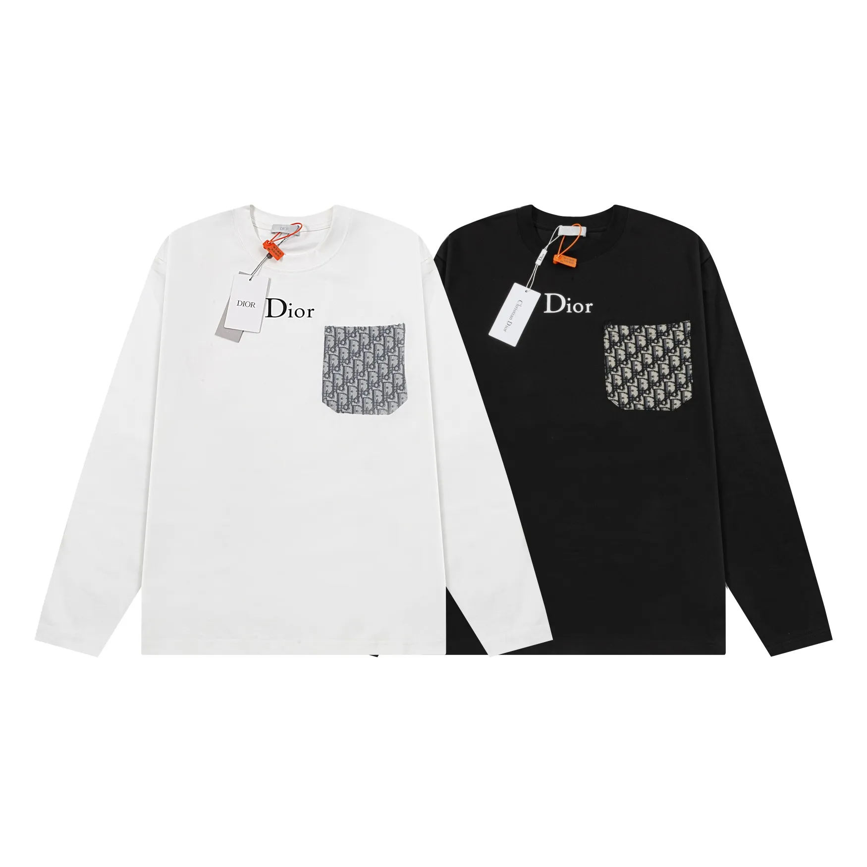 🅿️230 Dior DIOR new autumn and winter fabric pocket printed long sleeves, high quality 🔥nylon pure cotton washable hand feel, logo printing on the front, fabric pocket decoration, specially customized ribbing. The fabric is comfortable and soft, restoring the trend brought by special craftsmanship, custom dyed, complete with three standards. Non-market ordinary version. Compare at will. Quality is absolutely guaranteed. Same style for men and women. Color: Black White Size: S M L XL [Style No. A3308]