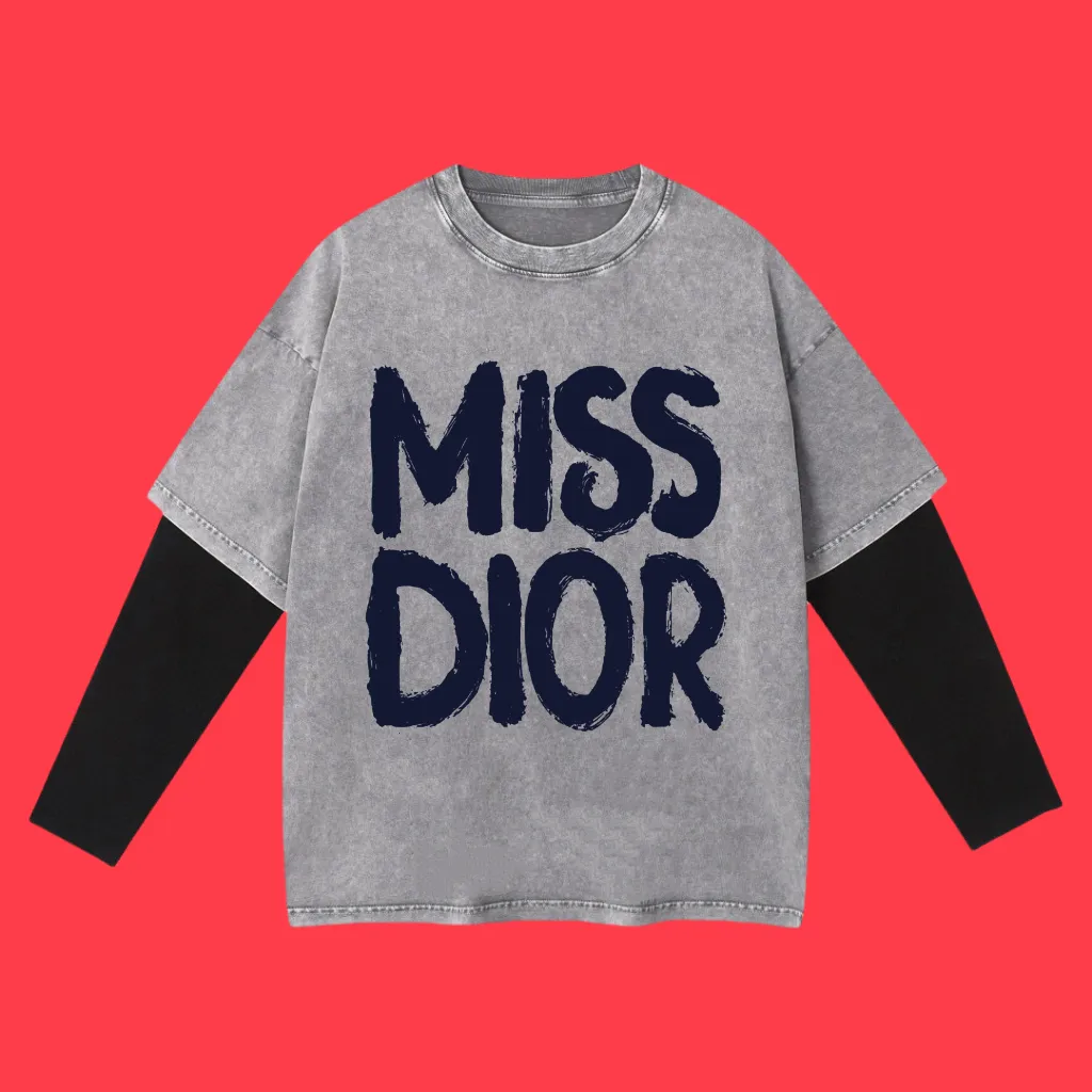 🅿️240 (Profit from cooperation) High-end quality DIOR 2025SS spring and summer wear, fake two-piece washed snowflake series MISS fake two-piece long T-shirt, imported Kornit digital direct-injection printing, custom-dyed high-quality fashion brand 100% cotton washed 260G fabric, ready-made garments dyed ➕ washed-fried snowflake OS loose off-shoulder version, same style for men and women size: S.M.L.XL.2XL
