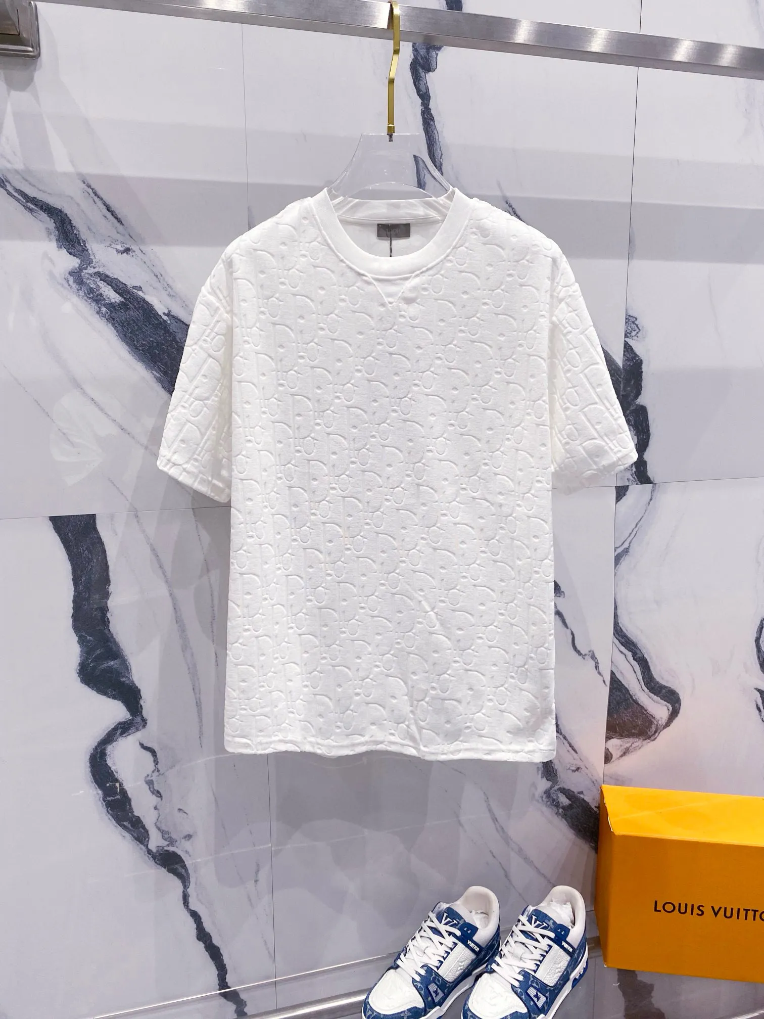 🅿️180 DIOR 260g round neck short-sleeved T-shirt, classic continuation of CD letters dark pattern LOGO, official synchronization, high version, high quality, fashionable personality, versatile trend, pure original quality, original fabric, hangtag, collar label, washed wheat, complete three labels, color: black, white, green, royal blue, brown, light blue, size: XS-L