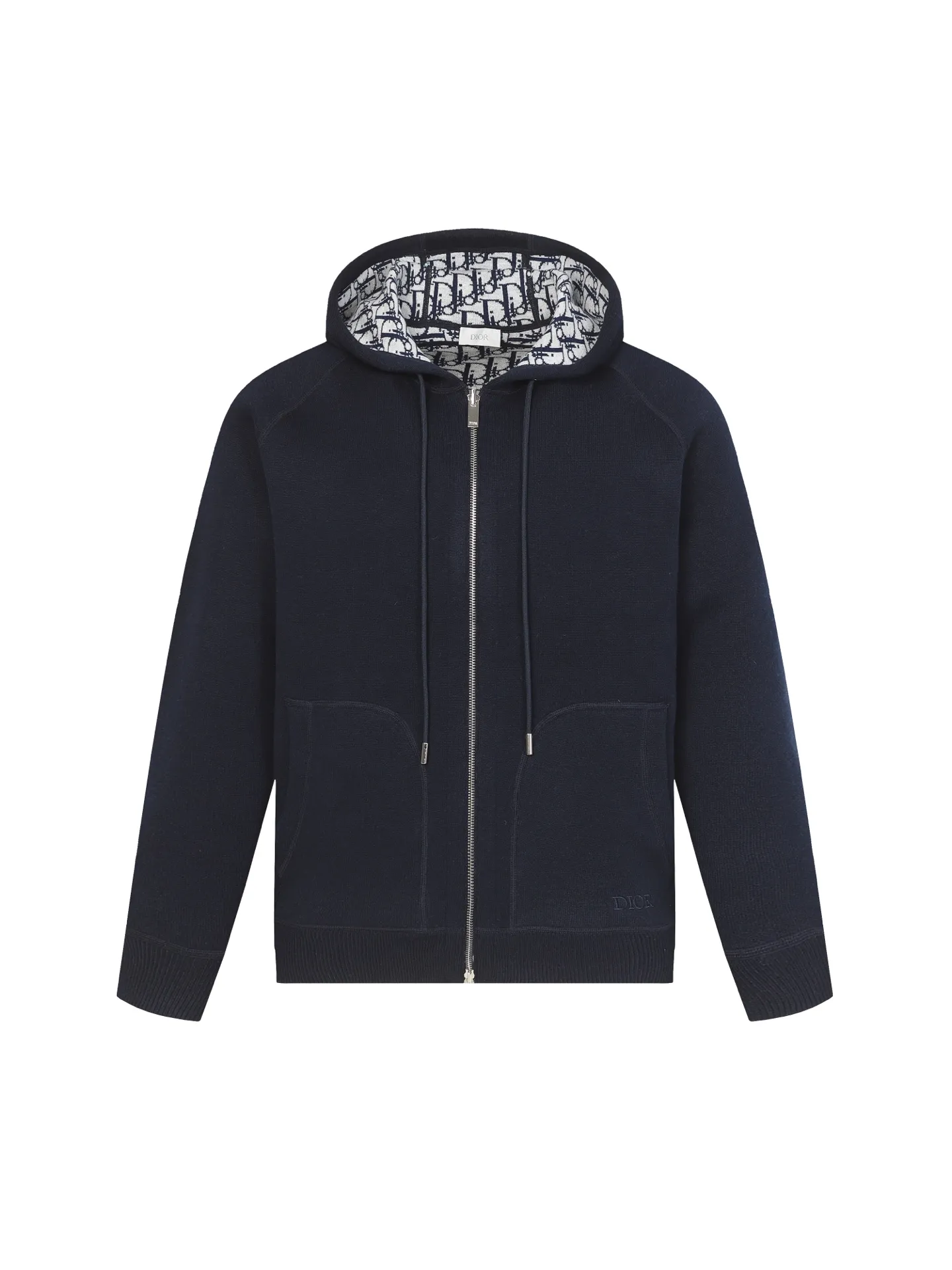 🅿️650 [Original quality] CD/Dior 24FW jacquard double-sided cashmere jacket (navy blue) The fabric is made of cotton and cashmere blended fabrics, and is made of high-quality wool and cashmere, which is soft and comfortable to the touch. The navy blue cotton blended knitted fabric is carefully crafted using imported machine jacquard technology. One side is decorated with the classic presbyopia logo jacquard pattern, and the other side is a simple white design. It can be worn on both sides. The drawstring hood is paired with metal hardware engraved with the Dior logo, adding refined detail. It features practical patch pockets on the front, and a ribbed hem and cuffs ensure a form-fitting fit. The double zipper with monogram highlights the brand's signature, and the raglan sleeves are cut in a smooth, natural style. The front is embellished with the Dior embroidered logo, and the inside is decorated with Oblique print throughout, with exquisite details. Pair with the matching sports trousers for an elegant and casual look. The whole piece integrates high-end craftsmanship into daily items, showing the brand's exquisite craftsmanship and classic aesthetics. Size:S/M/L/XL