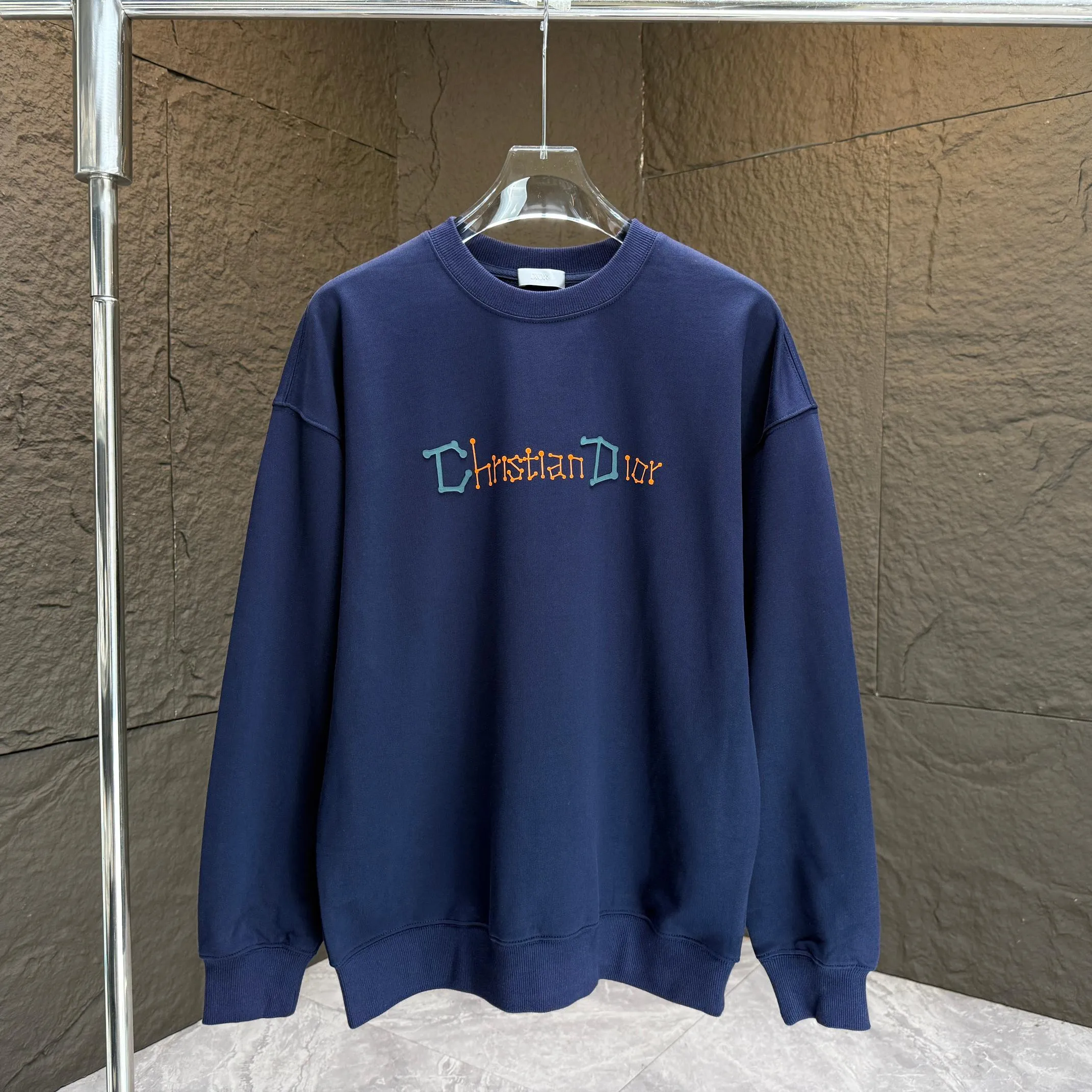 🅿️250 Dio* Dior* 2025 autumn and winter new round neck sweatshirt 400 grams terry cotton letter logo flocking ➕skin-feeling cotton Color: Black White Blue Gray Size: S M L XL XXL