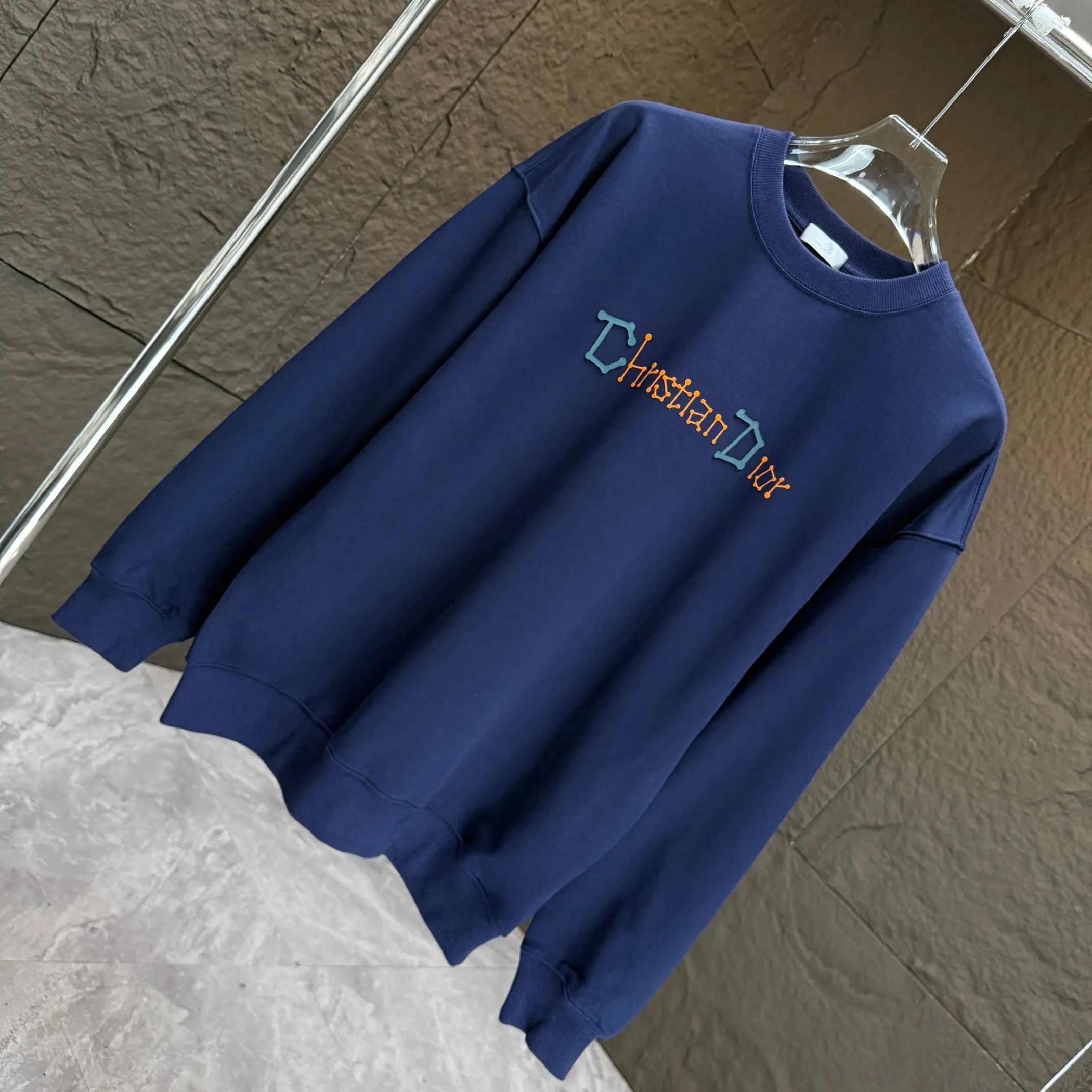 🅿️250 Dio* Dior* 2025 autumn and winter new round neck sweatshirt 400 grams terry cotton letter logo flocking ➕skin-feeling cotton Color: Black White Blue Gray Size: S M L XL XXL