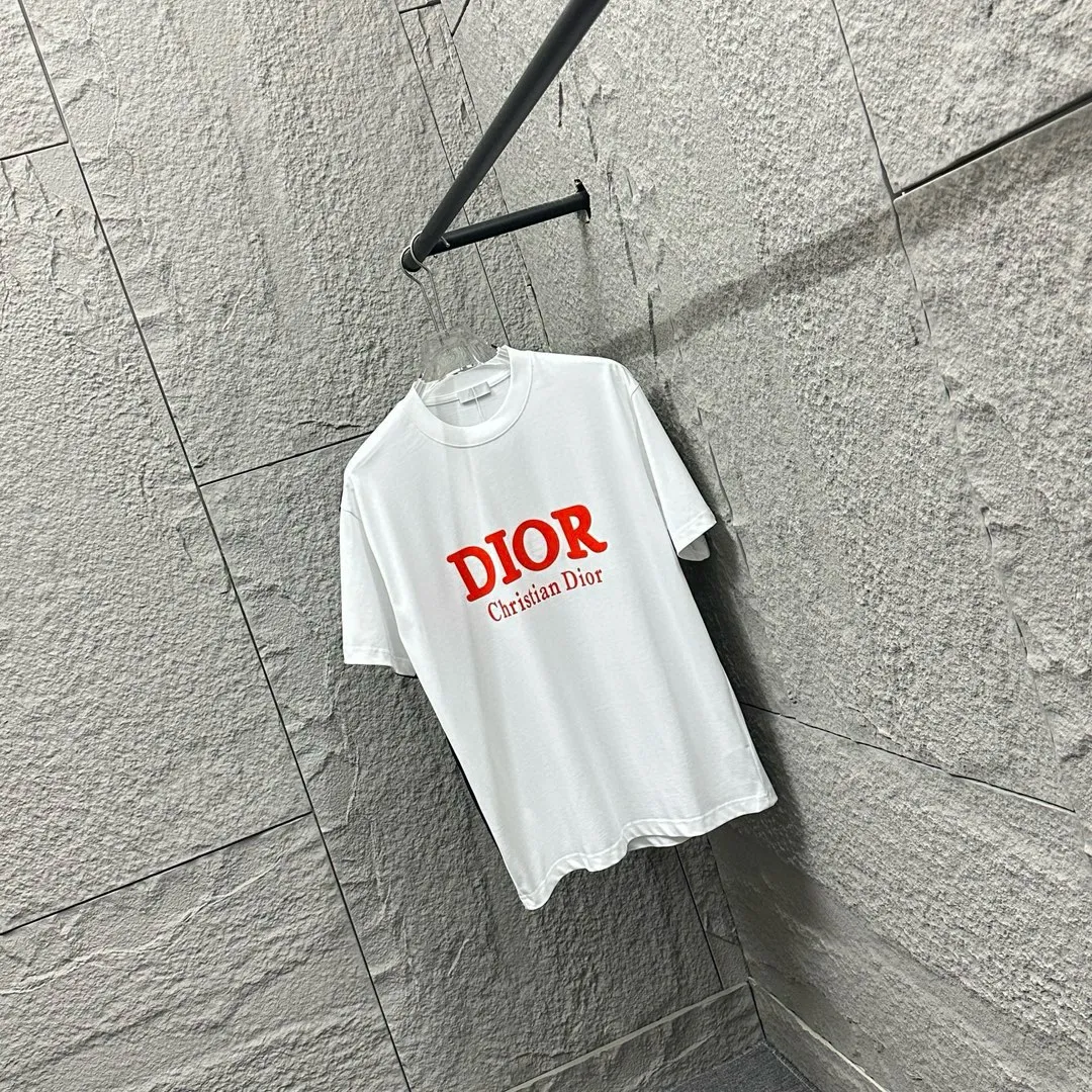 🅿️180 Dio*Dior 2025 spring and summer new style Classic orange letter flocking technology Customized double yarn plain cotton fabric Short-sleeved T-shirt Uniform for men and women Color: black white Size: S (90-130 catties) M (120-150 catties) L (140-165 catties) XL (160-180 catties) XXL (180-210 pounds)