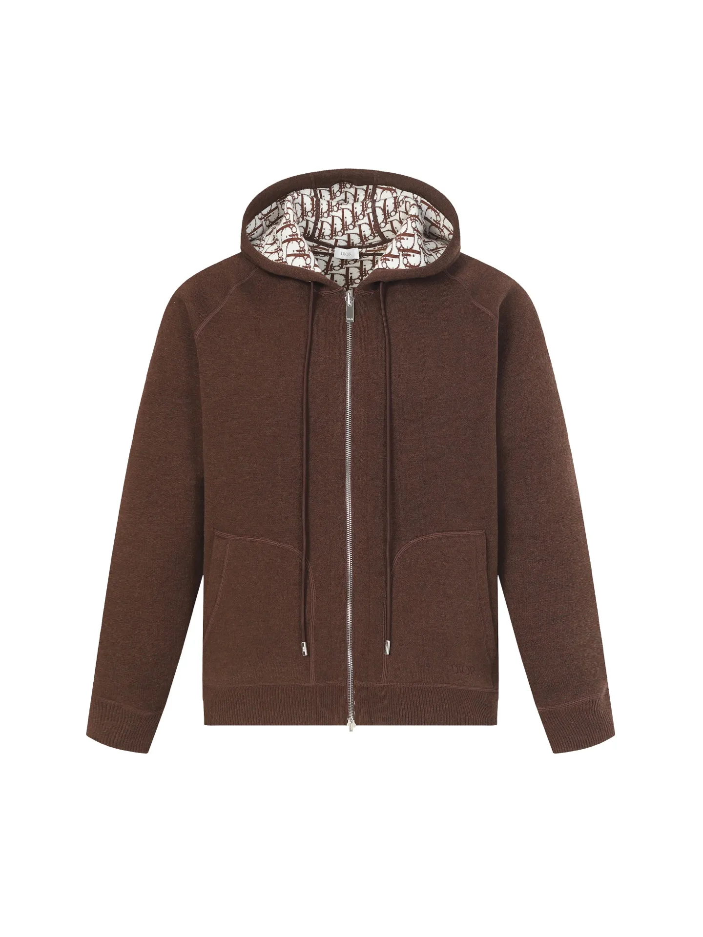 🅿️650 [Original quality] CD/Dior 24FW jacquard double-sided cashmere jacket (brown) The fabric is made of cotton and cashmere blended fabrics, and is made of high-quality wool and cashmere, which is soft and comfortable to the touch. The navy blue cotton blended knitted fabric is carefully crafted using imported machine jacquard technology. One side is decorated with the classic presbyopia logo jacquard pattern, and the other side is a simple white design. It can be worn on both sides. The drawstring hood is paired with metal hardware engraved with the Dior logo, adding refined detail. It features practical patch pockets on the front, and a ribbed hem and cuffs ensure a form-fitting fit. The double zipper with monogram highlights the brand's signature, and the raglan sleeves are cut in a smooth, natural style. The front is embellished with the Dior embroidered logo, and the inside is decorated with Oblique print throughout, with exquisite details. Pair with the matching sports trousers for an elegant and casual look. The whole piece integrates high-end craftsmanship into daily items, showing the brand's exquisite craftsmanship and classic aesthetics. Size:S/M/L/XL