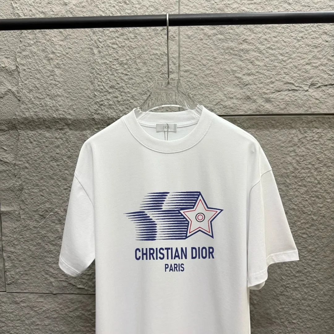 🅿️180 Dio Di*O 2025 spring and summer new style Five-pointed star letter printing on the chest Short-sleeved T-shirt Customized double yarn plain cotton 300 fabric Same style for men and women Color: black white apricot Size: S (90-130 catties) M (120-150 catties) L (140-165 catties) XL (160-180 catties) XXL (180-210 pounds)