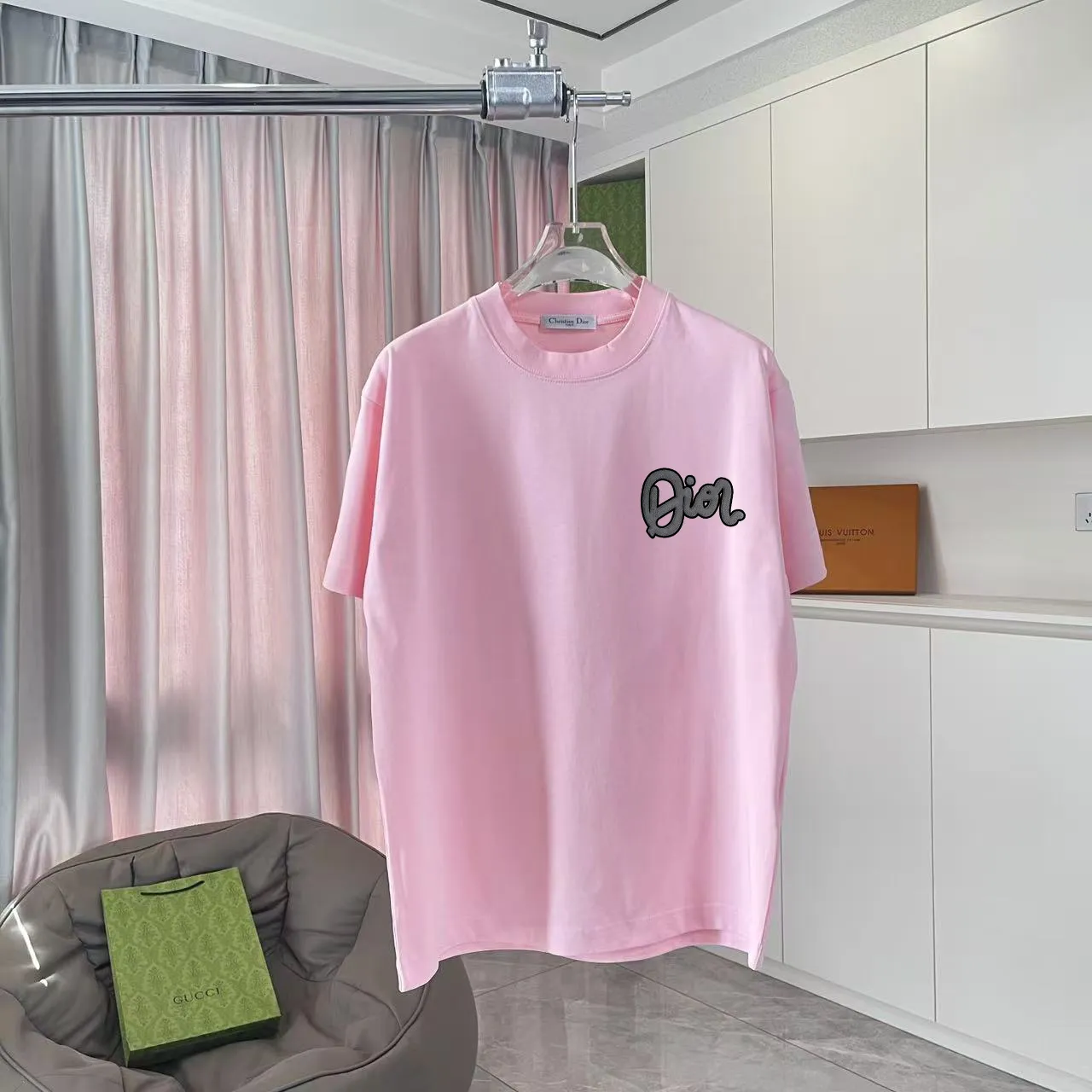 🅿️170 Dio Dior 2025 summer new style Personalized letter logo printing Short-sleeved T-shirt Customized fabric 300g Same style for men and women Color: Black White Pink Sky Blue Size: S M L XL XXL Five codes​