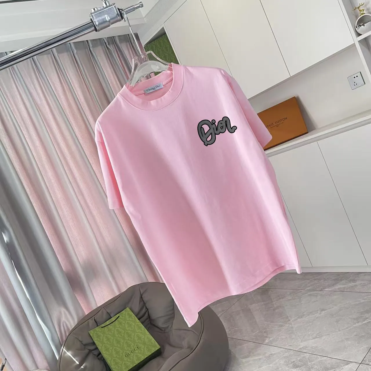 🅿️170 Dio Dior 2025 summer new style Personalized letter logo printing Short-sleeved T-shirt Customized fabric 300g Same style for men and women Color: Black White Pink Sky Blue Size: S M L XL XXL Five codes​