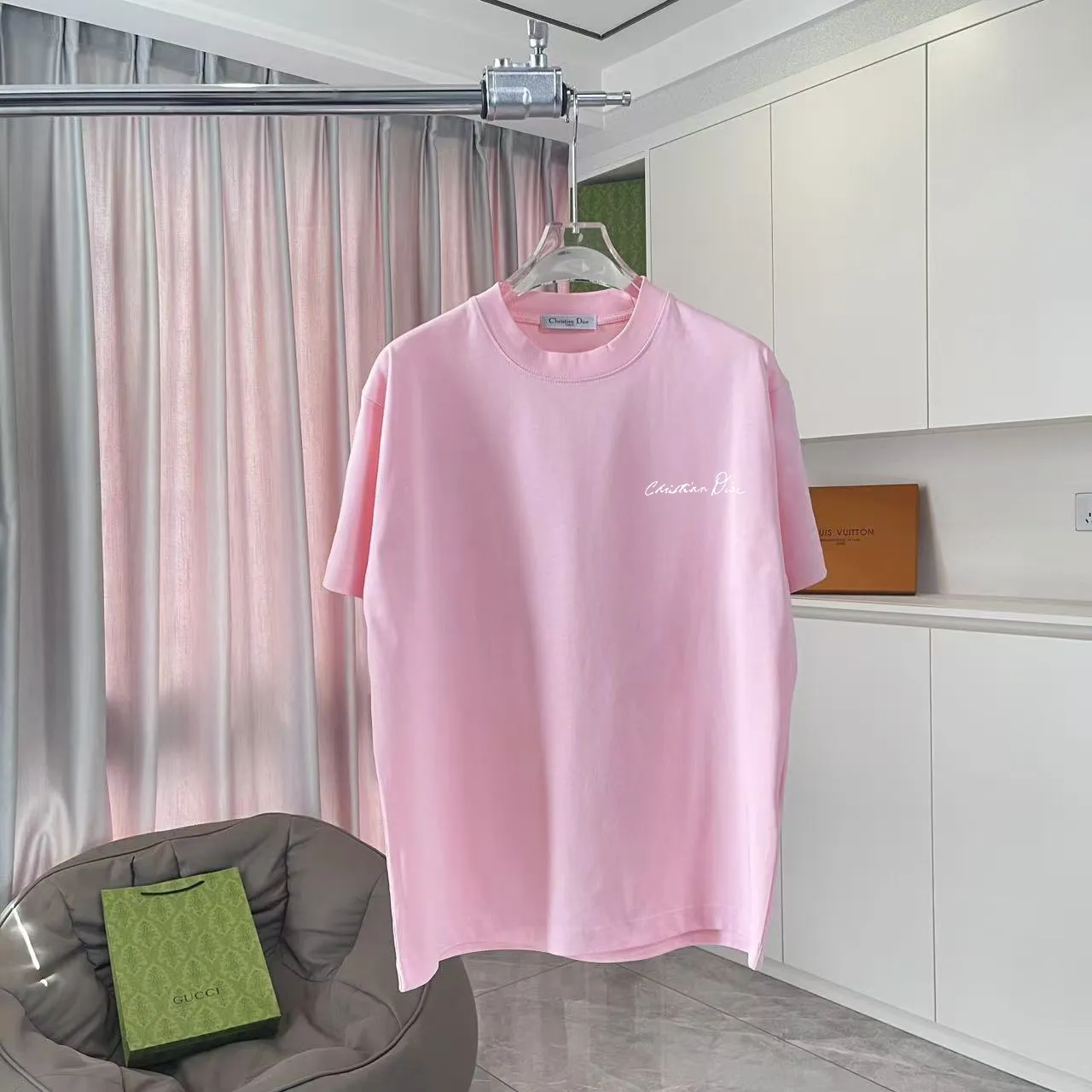 🅿️170 Dio Dior 2025 summer new style Personalized letter logo printing Short-sleeved T-shirt Customized fabric 300g Same style for men and women Color: Black White Pink Sky Blue Iron Gray Size: S M L XL XXL Five codes ​