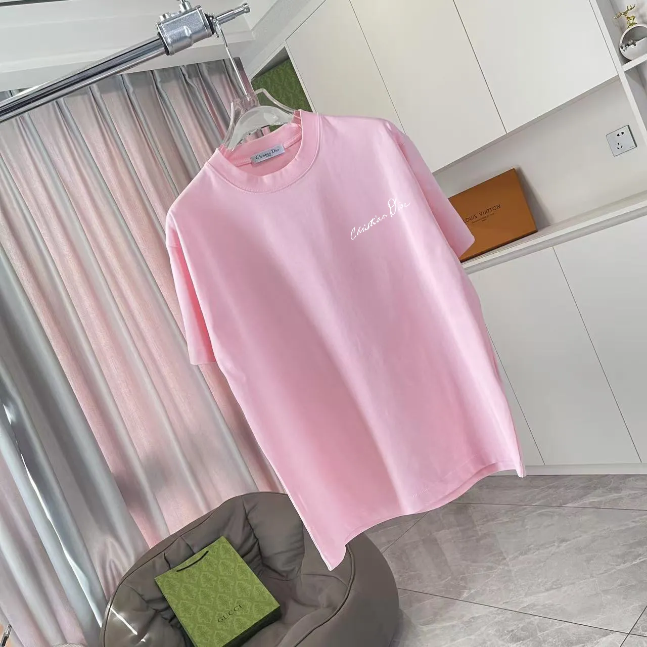 🅿️170 Dio Dior 2025 summer new style Personalized letter logo printing Short-sleeved T-shirt Customized fabric 300g Same style for men and women Color: Black White Pink Sky Blue Iron Gray Size: S M L XL XXL Five codes ​