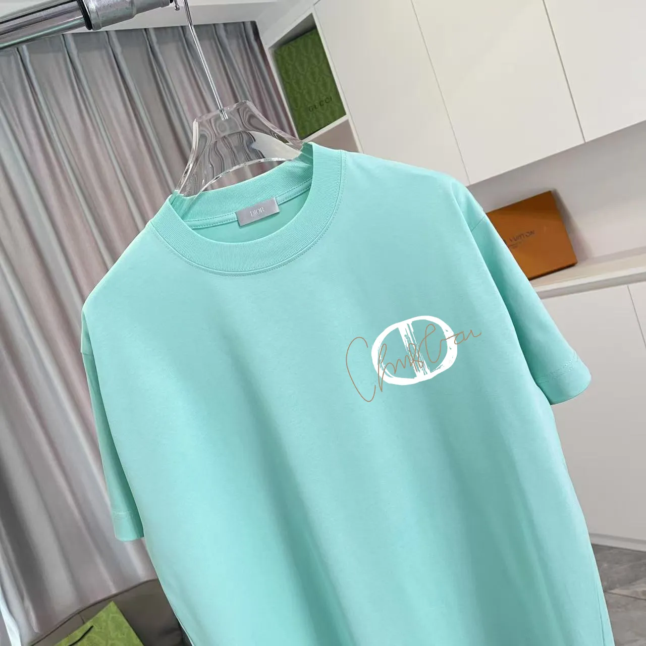 🅿️170 Dio Dior 2025 summer new style Personalized letter logo printing Short-sleeved T-shirt Customized fabric 300g Same style for men and women Color: Black White Lake Green Iron Gray Size: S M L XL XXL Five codes​