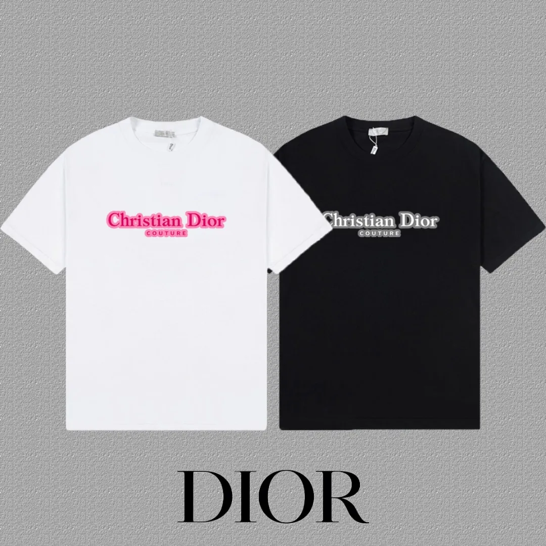🅿️170 [DIOR Dior] 2025FW short-sleeved T-shirt LOGO printing High-end 26s double yarn 300g fabric Heavy fabric Customized frame ribbing in the same cylinder and dyeing Complete three standards Same style for men and women Color: Black White Size: S M L XL 2XL