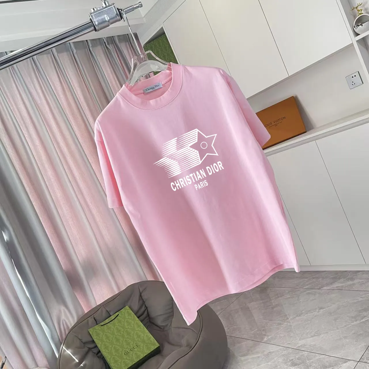 🅿️170 Dio Dior 2025 summer new style Personalized letter logo printing Short-sleeved T-shirt Customized fabric 300g Same style for men and women Color: Black White Pink Lake Green Size: S M L XL XXL Five codes​