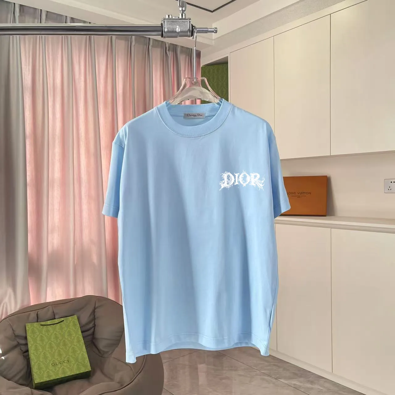 🅿️170 Dio Dior 2025 summer new style Personalized letter logo printing Short-sleeved T-shirt Customized fabric 300g Same style for men and women Color: black white lake green sky blue Size: S M L XL XXL five sizes ​