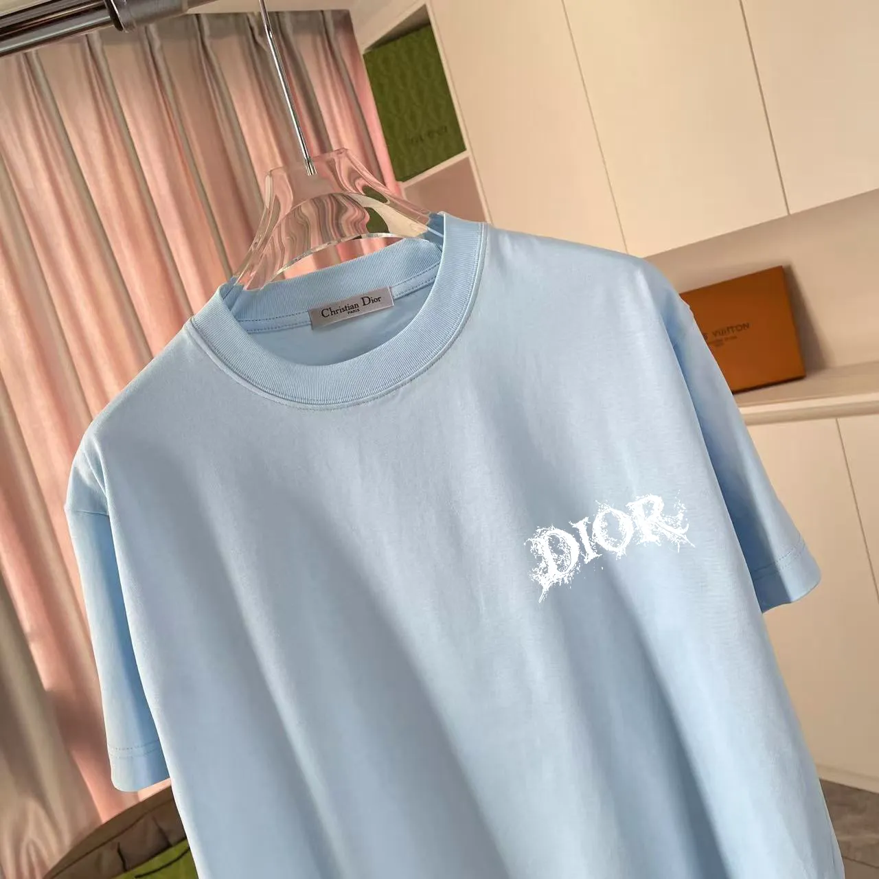 🅿️170 Dio Dior 2025 summer new style Personalized letter logo printing Short-sleeved T-shirt Customized fabric 300g Same style for men and women Color: black white lake green sky blue Size: S M L XL XXL five sizes ​