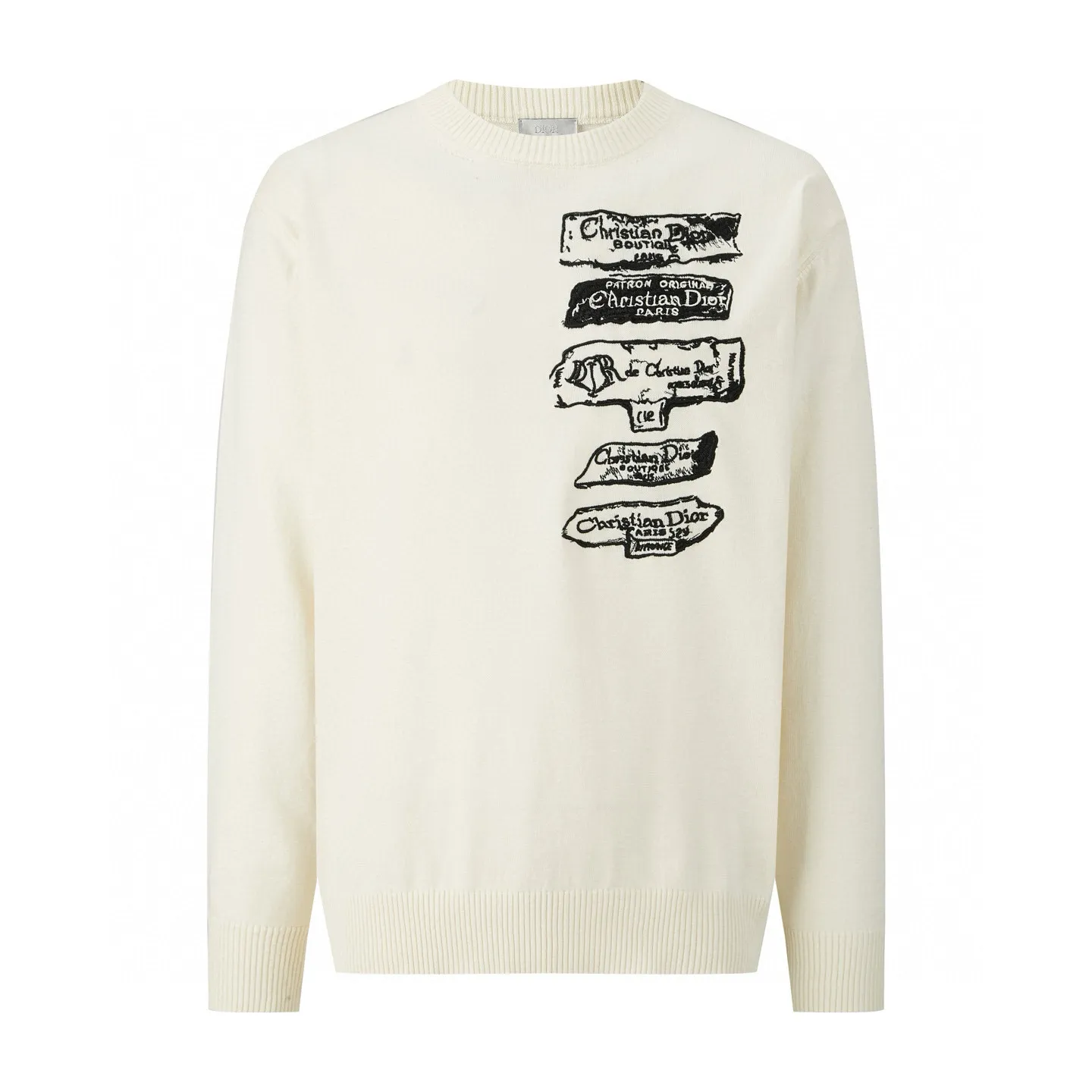🅿️480 [Exclusive supply] CD file logo embroidered crew neck sweater (white) The fabric is made of 55 merino wool and 45 cotton long cotton yarn. This style is a blended yarn with a high wool content that makes it softer to the touch. The upper body comfort is very strong. The washing water of ready-made clothes removes odors and fixes the shape of the clothes so that they are not easily deformed after a second drying wash. Do not machine wash! The embroidery uses flat embroidery, and the imported Tajima machine makes the embroidery effect more delicate, and every line and line is perfectly reproduced. The number of stitches is about 16,000. This sweater features the Dior Archives Labels logo reinterpreted in an embroidered version of the brand's label. Made of white wool jersey with ribbed crew neck, cuffs and hem. It is characterized by timeless charm and is perfect for adding a touch of elegance to spring looks. Dior Archives Labels embroidered at chest. Ribbed crew neck, cuffs and hem. Size:S.M.L.XL