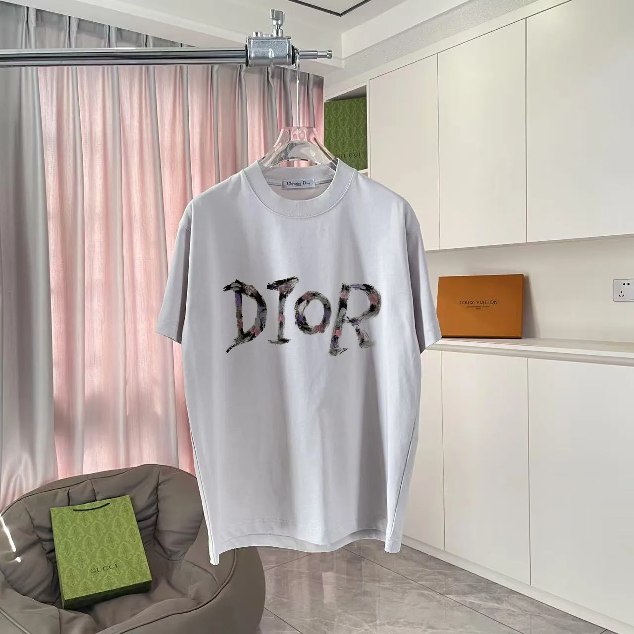 🅿️170 Dio*2025 autumn new style Personalized letter logo printing Short-sleeved T-shirt Customized fabric 300g Same style for men and women Color: Black White Pink Iron Gray Size: S M L XL XXL Five codes