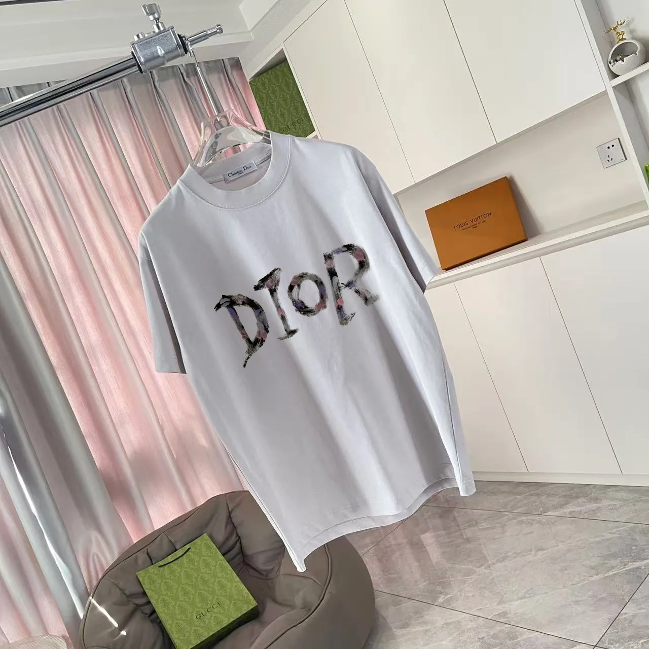 🅿️170 Dio*2025 autumn new style Personalized letter logo printing Short-sleeved T-shirt Customized fabric 300g Same style for men and women Color: Black White Pink Iron Gray Size: S M L XL XXL Five codes