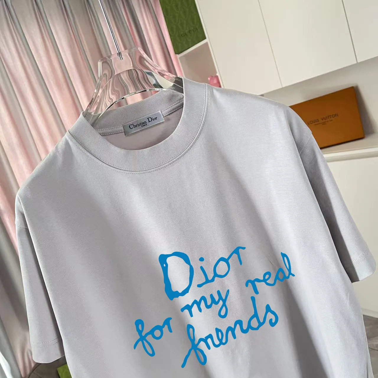 🅿️170 Dio*Dior 2025 summer new style Personalized letter logo printing Short-sleeved T-shirt Customized fabric 300g Same style for men and women Color: Black White Pink Iron Gray Size: S M L XL XXL Five codes​