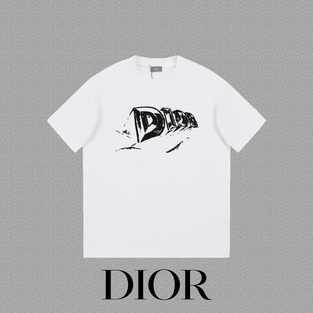 🅿️170 [DIOR Dior] 2025FW short-sleeved T-shirt LOGO printing High-end 26s double yarn 300g fabric Heavy fabric Customized frame ribbing in the same cylinder and dyeing Complete three standards Same style for men and women Color: Black White Size: S M L XL 2XL