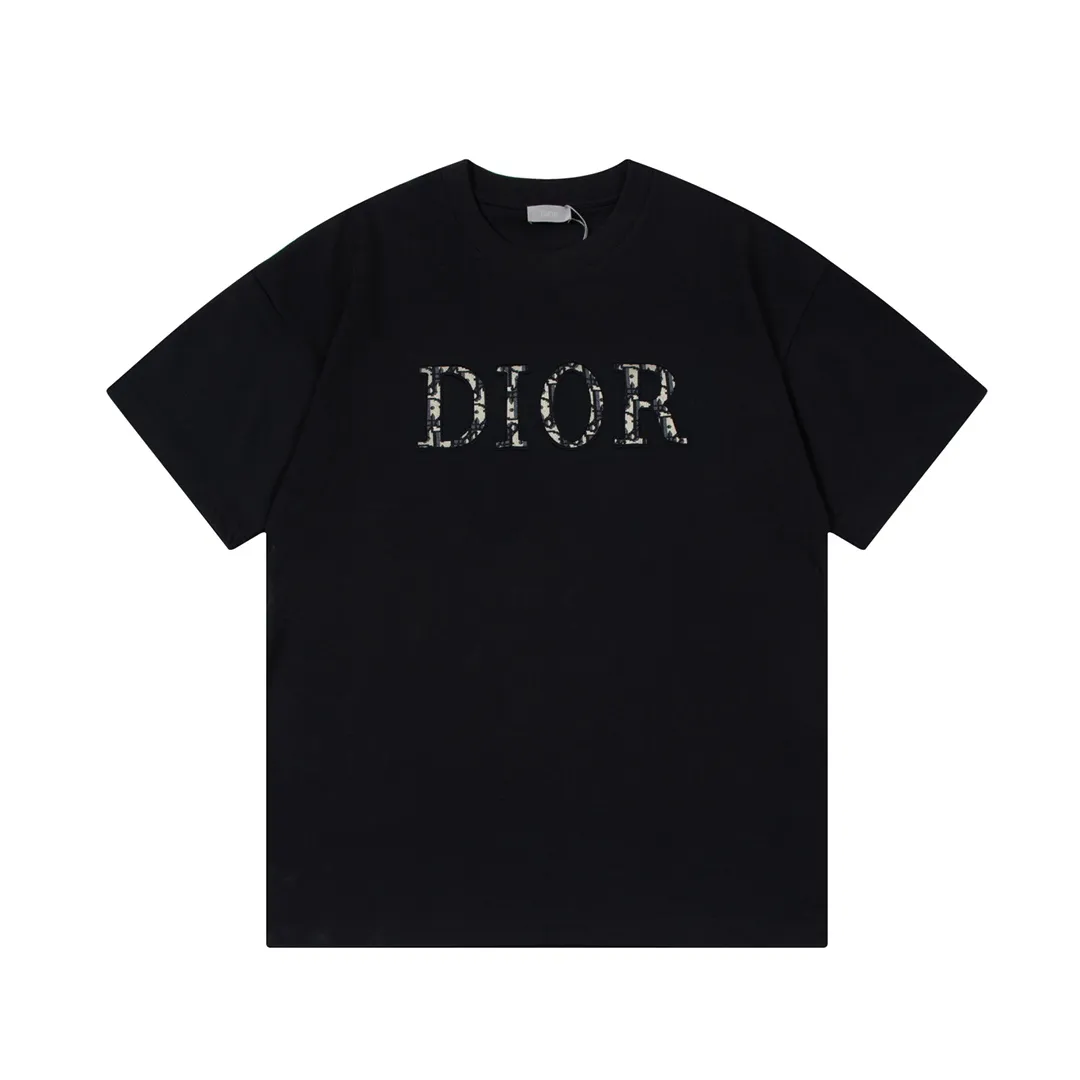 🅿️170 DIOR Dior classic hot style, customized 32 pieces of 310g double yarn pure cotton fabric, embossed jacquard patch letter logo, same style for men and women, short-sleeved T-shirt, color: black, size: S-XL