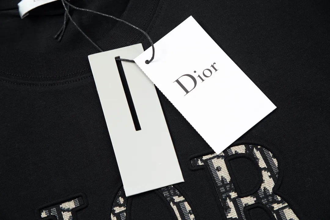 🅿️170 DIOR Dior classic hot style, customized 32 pieces of 310g double yarn pure cotton fabric, embossed jacquard patch letter logo, same style for men and women, short-sleeved T-shirt, color: black, size: S-XL