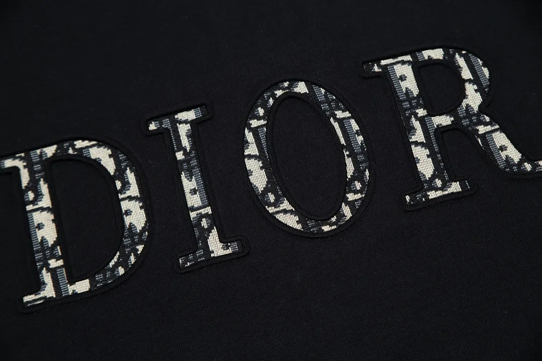 🅿️170 DIOR Dior classic hot style, customized 32 pieces of 310g double yarn pure cotton fabric, embossed jacquard patch letter logo, same style for men and women, short-sleeved T-shirt, color: black, size: S-XL