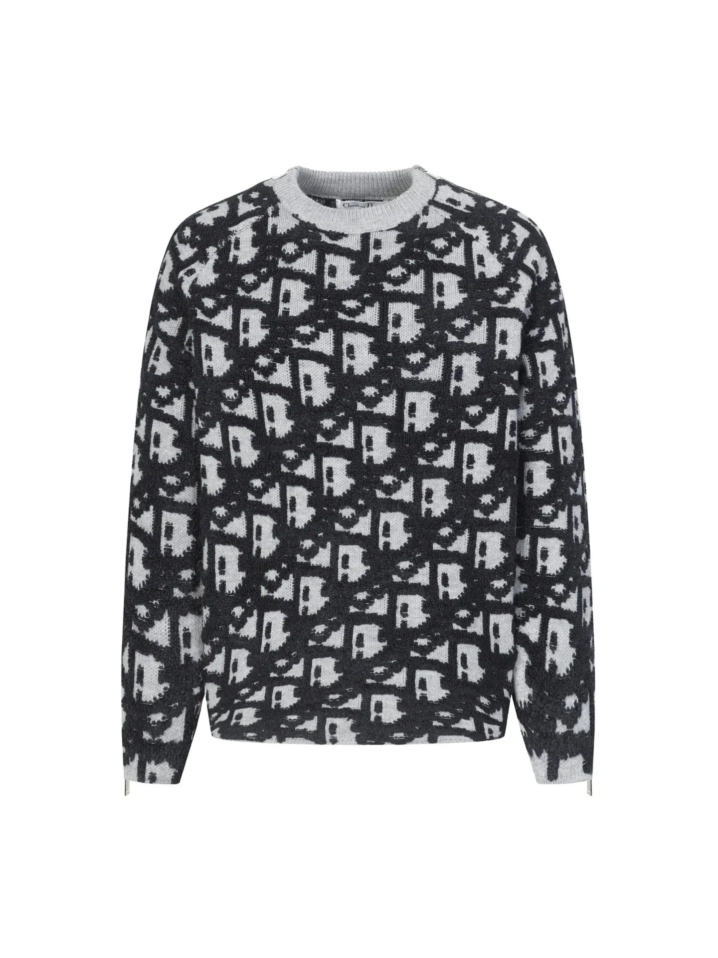 🅿️450 CD Home Jacquard Fabric Oblique Printed Sweater Details and Features This sweater reinterprets the Dior classic logo from a fashionable and modern perspective. Crafted from blended jacquard fabric, it's accentuated with a raised all-over classic light green Oblique print. Zippered sleeves add style, while a ribbed crew neck adds contrasting texture. Wear it with jeans for a graphic, casual look. All-over Oblique print sleeves with zip closure Contrasting ribbed crew neck Size: S M L