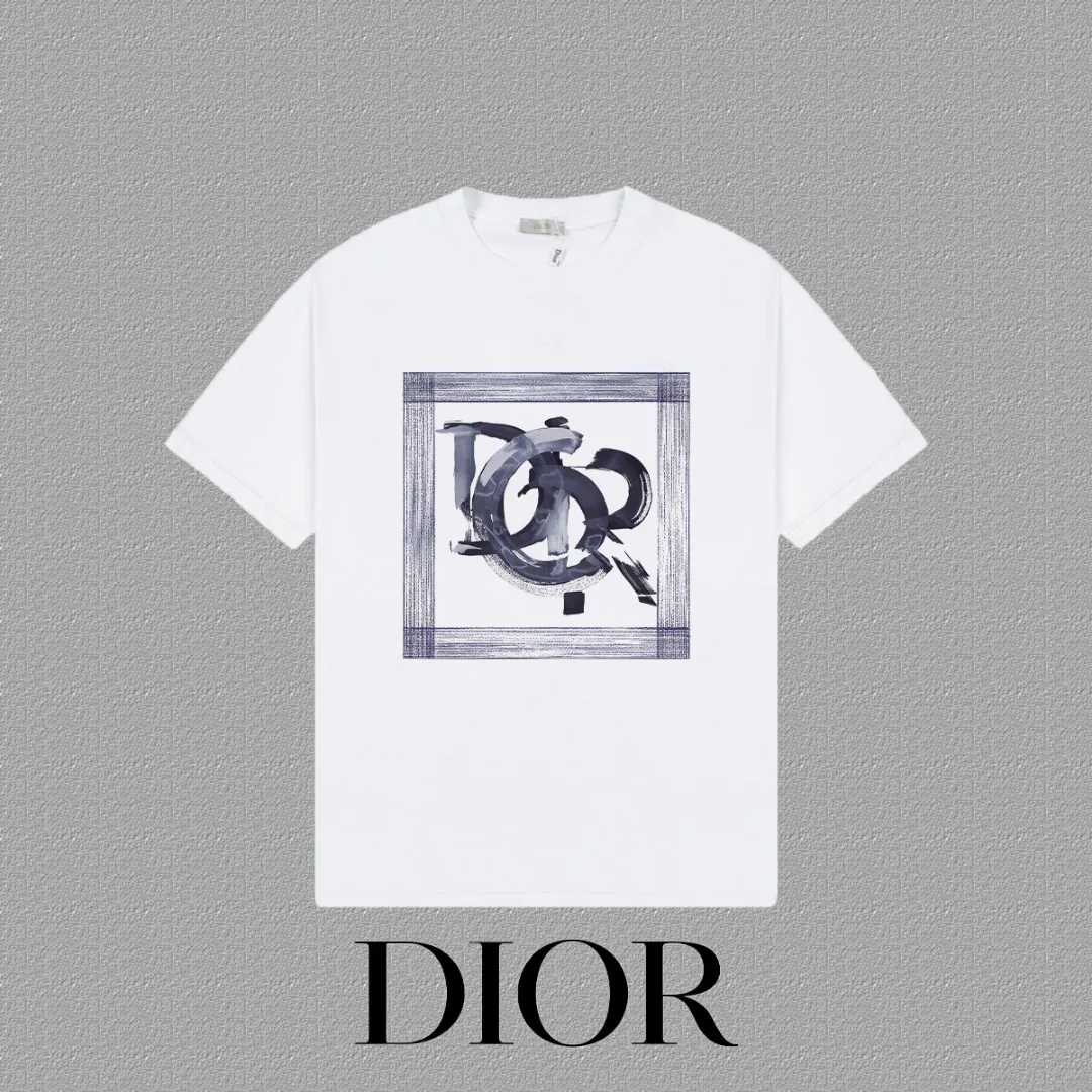 🅿️170 [DIOR Dior] 2025FW short-sleeved T-shirt LOGO printing High-end 26s double yarn 300g fabric Heavy fabric Customized frame ribbing in the same cylinder and dyeing Complete three standards Same style for men and women Color: Black White Size: S M L XL 2XL