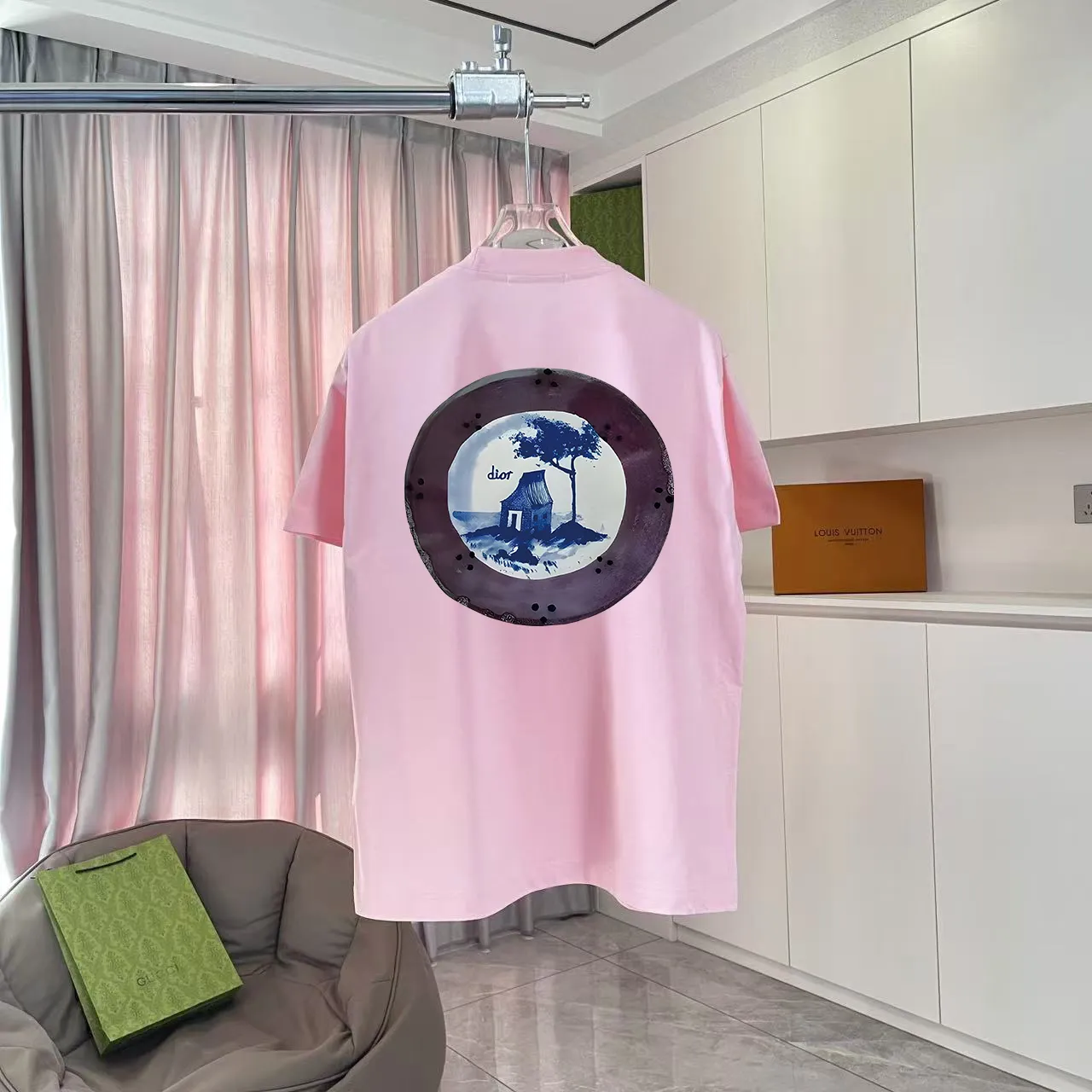 🅿️170 Dio*Dior 2025 summer new style Personalized letter logo printing Short-sleeved T-shirt Customized fabric 300g Same style for men and women Color: Black White Pink Iron Gray Size: S M L XL XXL Five codes​