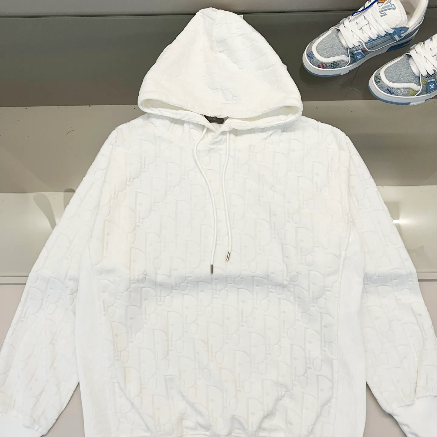🅿️290 DIOR/Dior 420g custom jacquard fabric hooded sweatshirt, classic presbyopia dark pattern letters LOGO jacquard logo, official synchronization, high version, high quality, fashionable personality, versatile trend, pure original quality, original fabric, hangtag, collar label, washed wheat, three complete labels, color: black, white, royal blue, green, light blue, brown. Size: XS-L