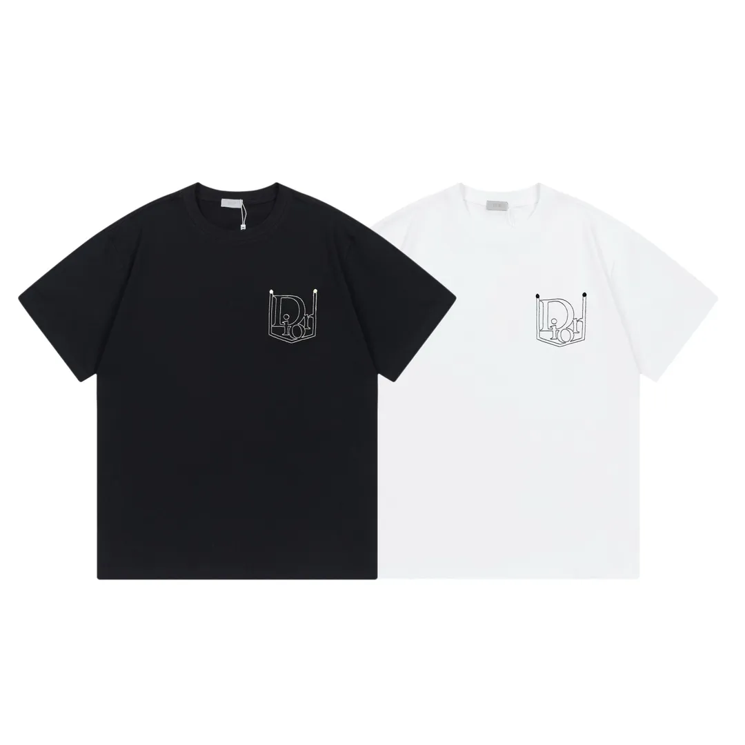 🅿️170 Dior 2025 early spring new style, customized 270g double yarn pure cotton fabric, embroidered fake pockets, hollow letter logo, same style for men and women, short-sleeved T-shirt, color: white, size: XS-L