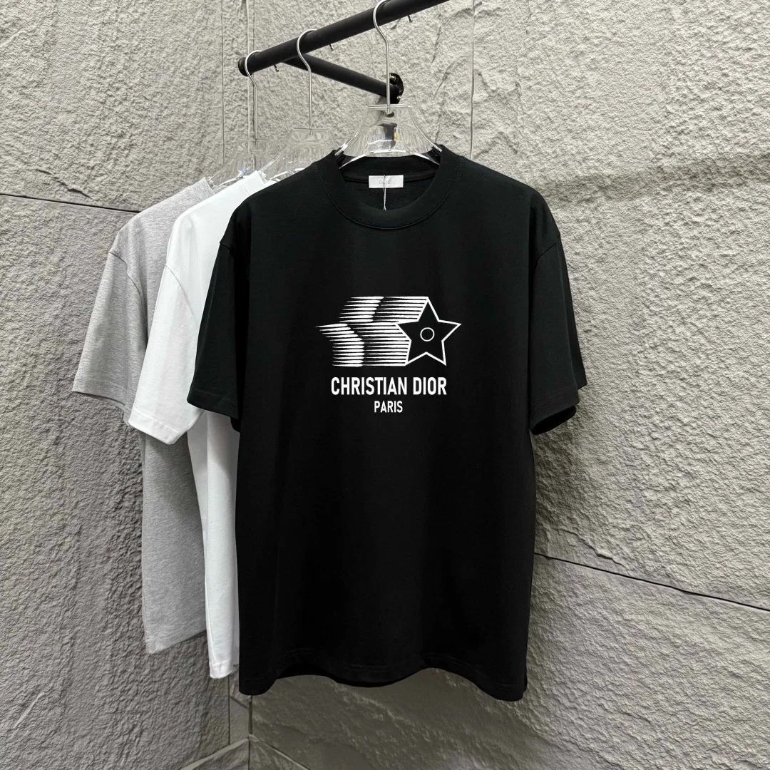🅿️180 Dio Di*O 2025 spring and summer new style Five-pointed star letter printing on the chest Short-sleeved T-shirt Customized double yarn plain cotton 300 fabric Same style for men and women Color: black white apricot Size: S (90-130 catties) M (120-150 catties) L (140-165 catties) XL (160-180 catties) XXL (180-210 pounds)