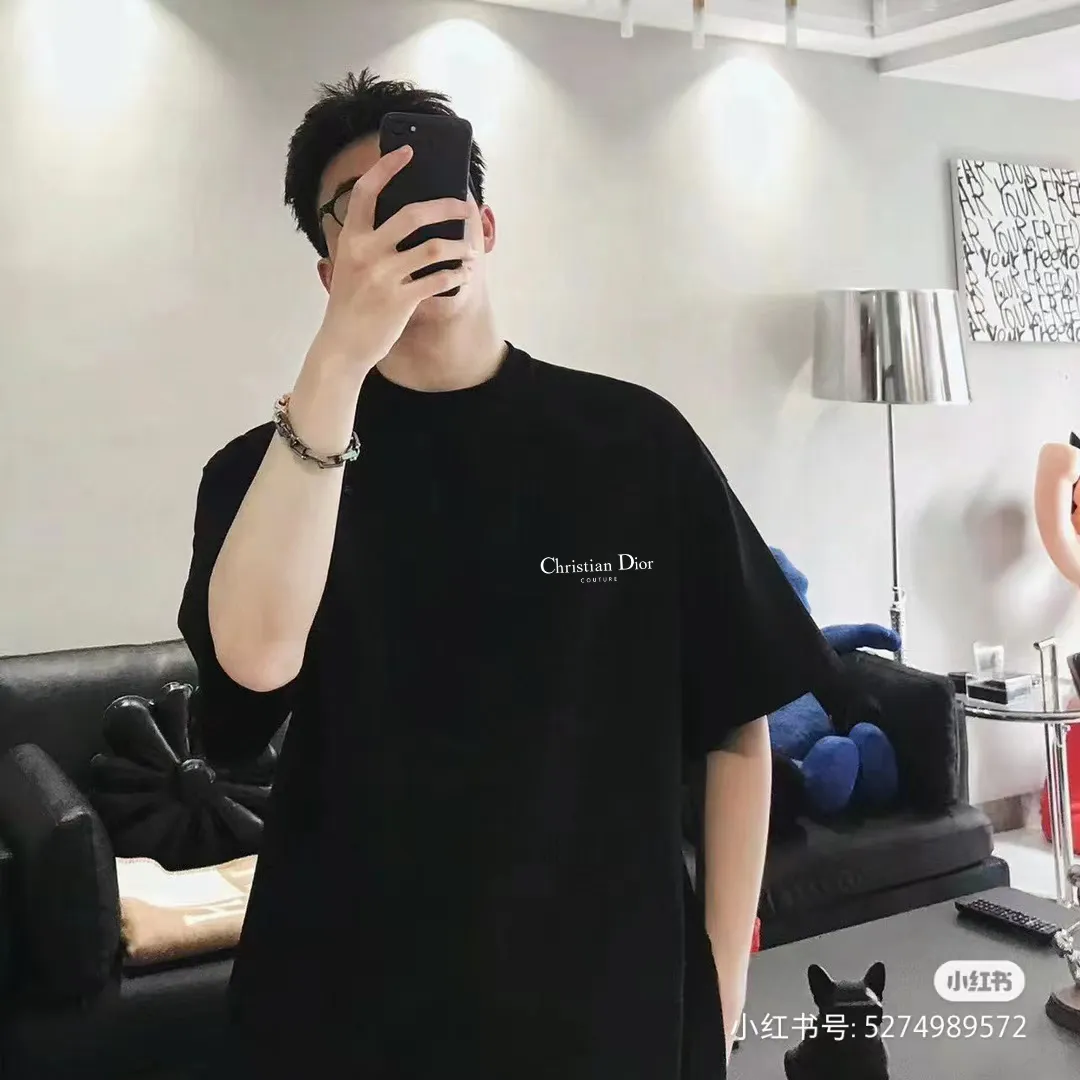 🅿️170 [DIOR Dior] 2025FW short-sleeved T-shirt LOGO printing High-end 26s double yarn 300g fabric Heavy fabric Customized frame ribbing in the same cylinder and dyeing Complete three standards Same style for men and women Color: Black White Size: S M L XL 2XL