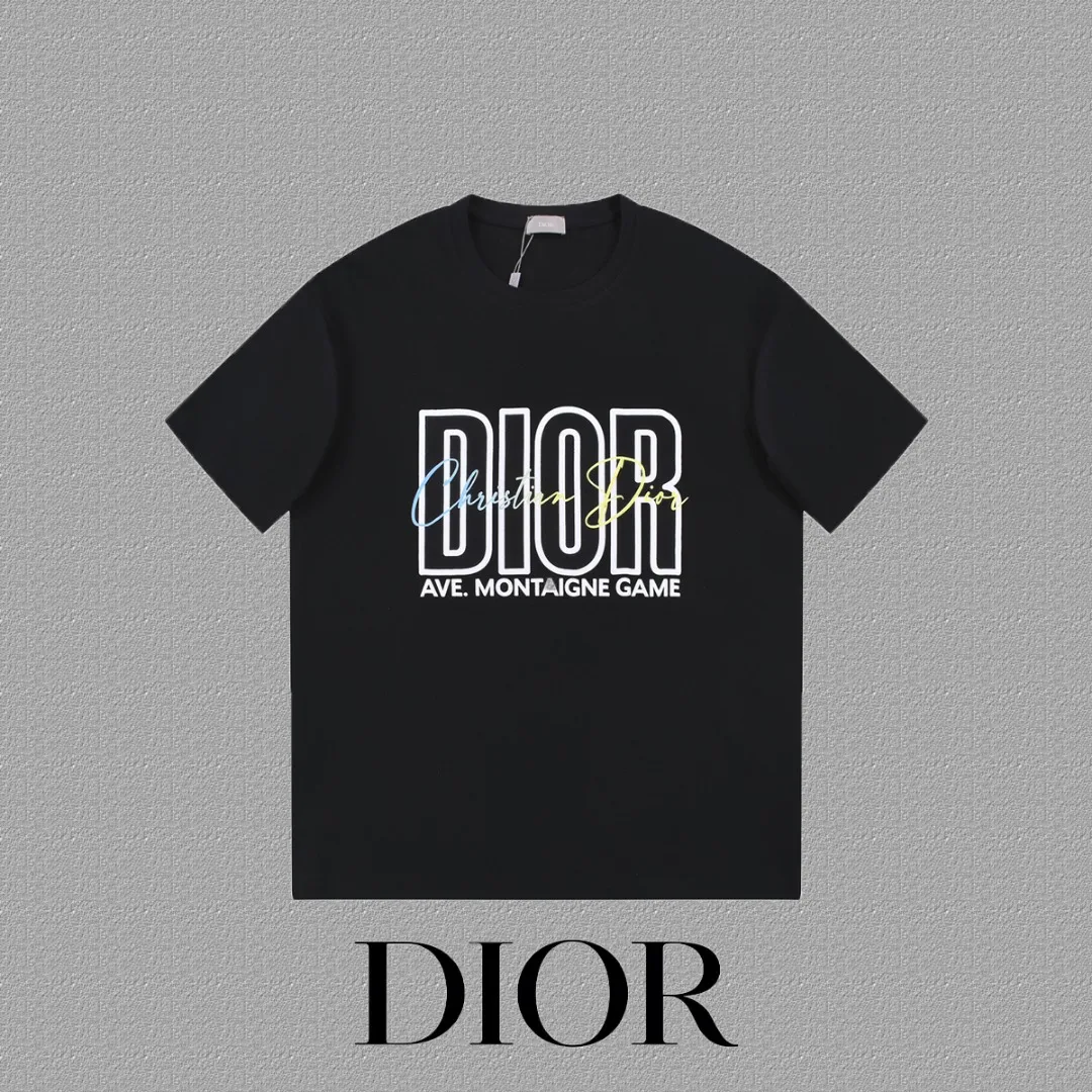 🅿️170 [DIOR Dior] 2025FW short-sleeved T-shirt LOGO printing High-end 26s double yarn 300g fabric Heavy fabric Customized frame ribbing in the same cylinder and dyeing Complete three standards Same style for men and women Color: Black White Size: S M L XL 2XL