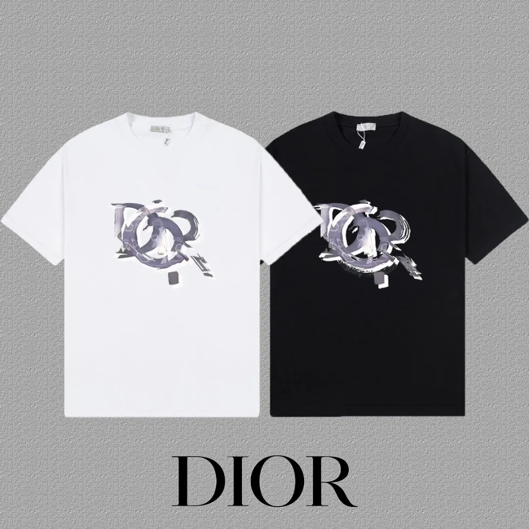 🅿️170 [DIOR Dior] 2025FW short-sleeved T-shirt LOGO printing High-end 26s double yarn 300g fabric Heavy fabric Customized frame ribbing in the same cylinder and dyeing Complete three standards Same style for men and women Color: Black White Size: S M L XL 2XL