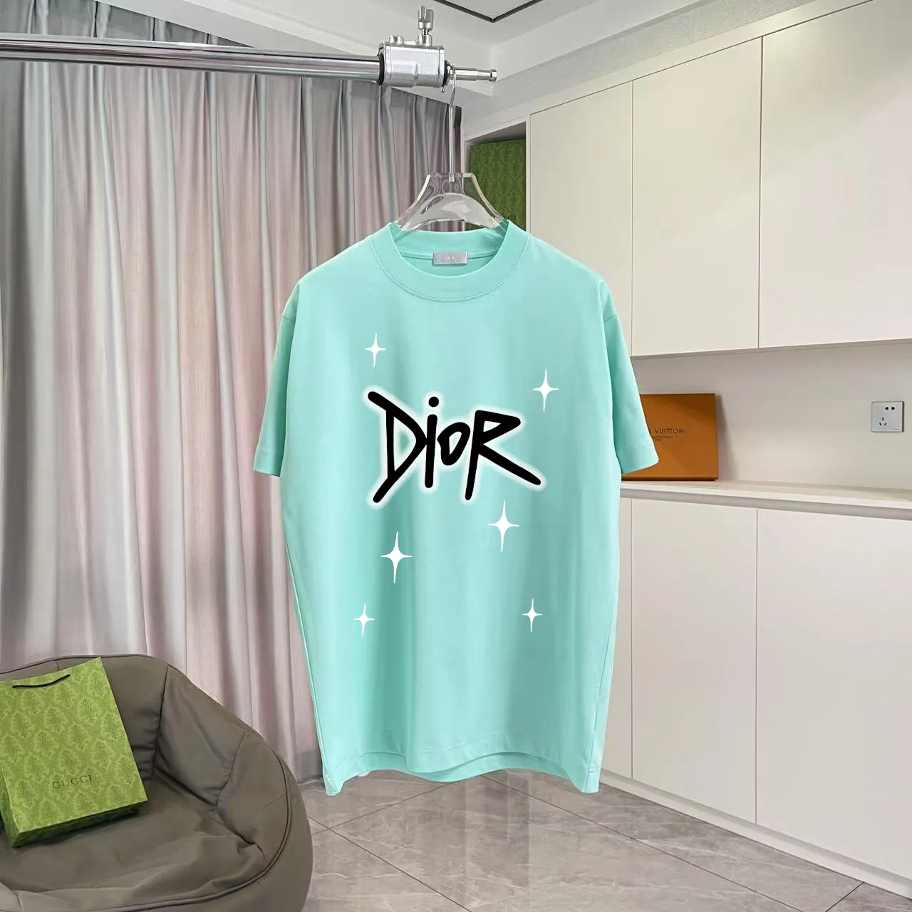 🅿️170 Dio*2025 autumn new style Personalized letter logo printing Short-sleeved T-shirt Customized fabric 300g Same style for men and women Color: black white lake green iron gray Size: S M L XL XXL five sizes