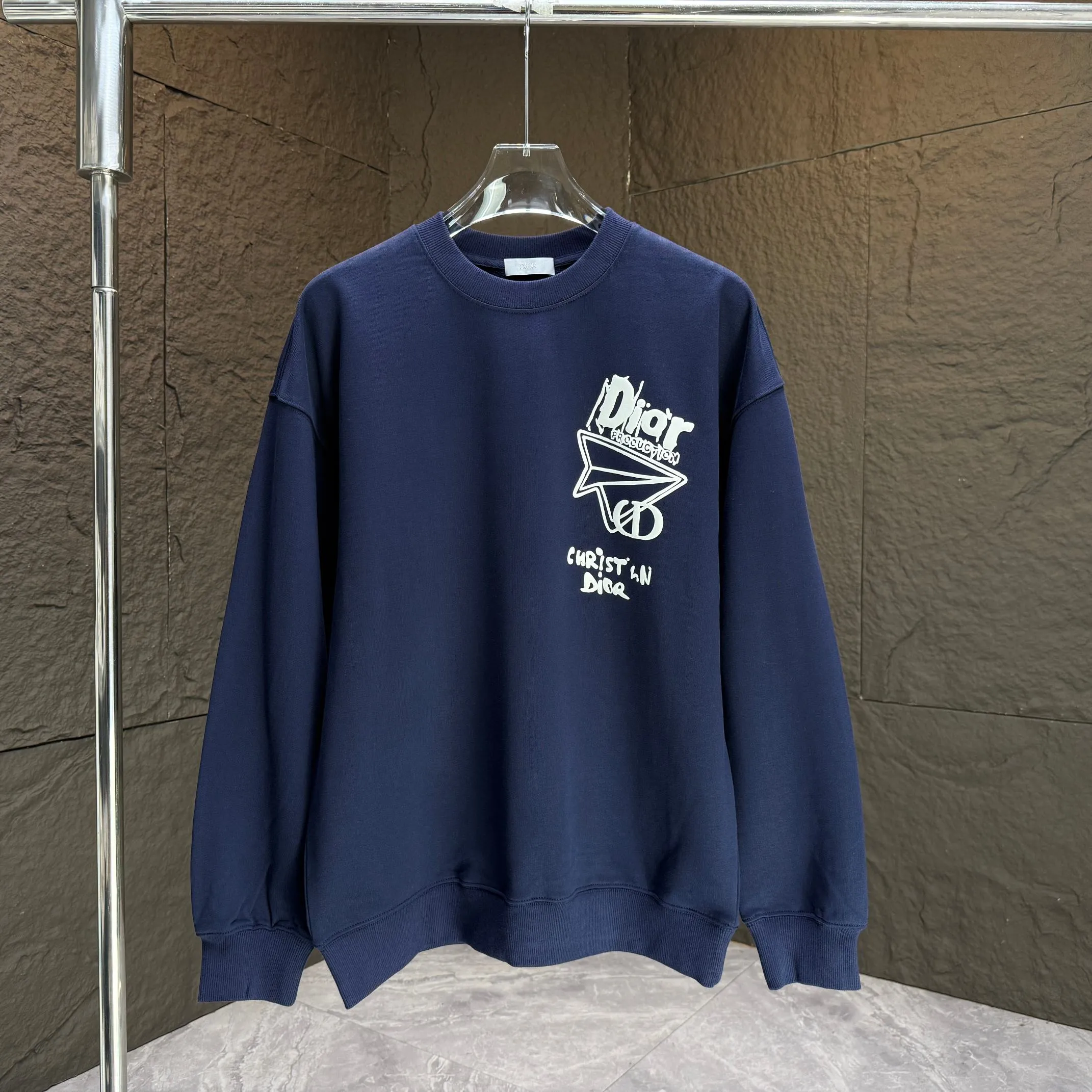 🅿️240 Dio* Dior* 2025 autumn and winter new round neck sweatshirt 400g terry cotton letter logo three-dimensional foam Color: Black White Blue Gray Size: S M L XL XXL