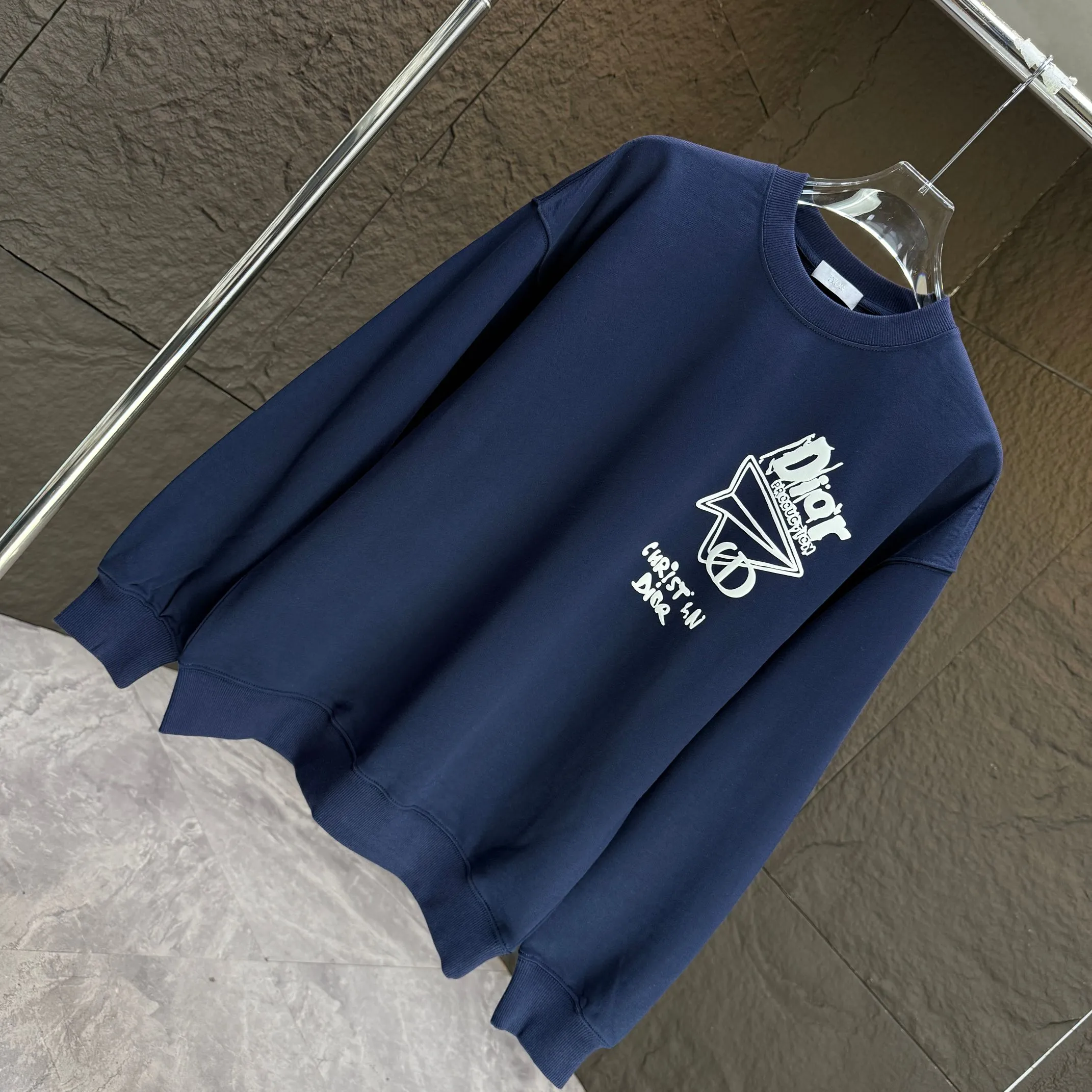 🅿️240 Dio* Dior* 2025 autumn and winter new round neck sweatshirt 400g terry cotton letter logo three-dimensional foam Color: Black White Blue Gray Size: S M L XL XXL