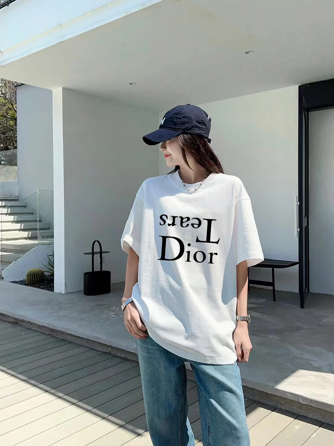 🅿️170 [DIOR Dior] 2025FW short-sleeved T-shirt, silicone LOGO printing, high-end 26s double yarn 300g fabric, heavy fabric, custom stretcher rib, same vat and dye, complete three standards, same style for men and women, color: black, white, size: S M L XL 2XL