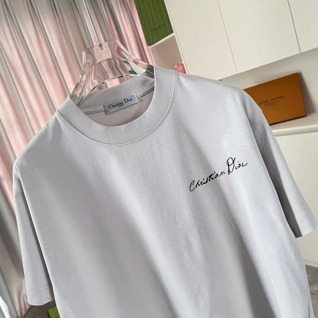 🅿️170 Dio Dior 2025 summer new style Personalized letter logo printing Short-sleeved T-shirt Customized fabric 300g Same style for men and women Color: Black White Pink Sky Blue Iron Gray Size: S M L XL XXL Five codes ​