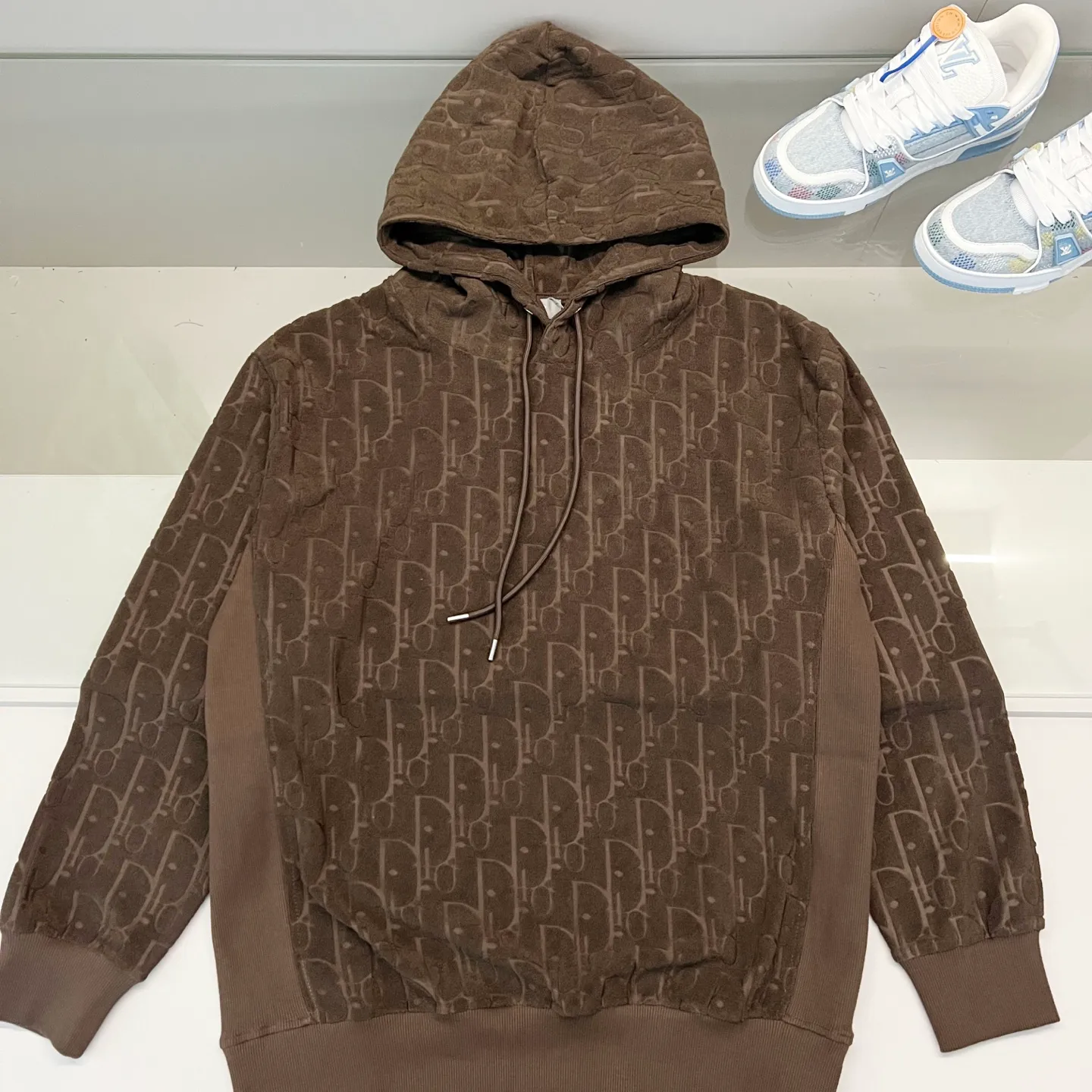 🅿️290 DIOR/Dior 420g custom jacquard fabric hooded sweatshirt, classic presbyopia dark pattern letters LOGO jacquard logo, official synchronization, high version, high quality, fashionable personality, versatile trend, pure original quality, original fabric, hangtag, collar label, washed wheat, three complete labels, color: black, white, royal blue, green, light blue, brown. Size: XS-L