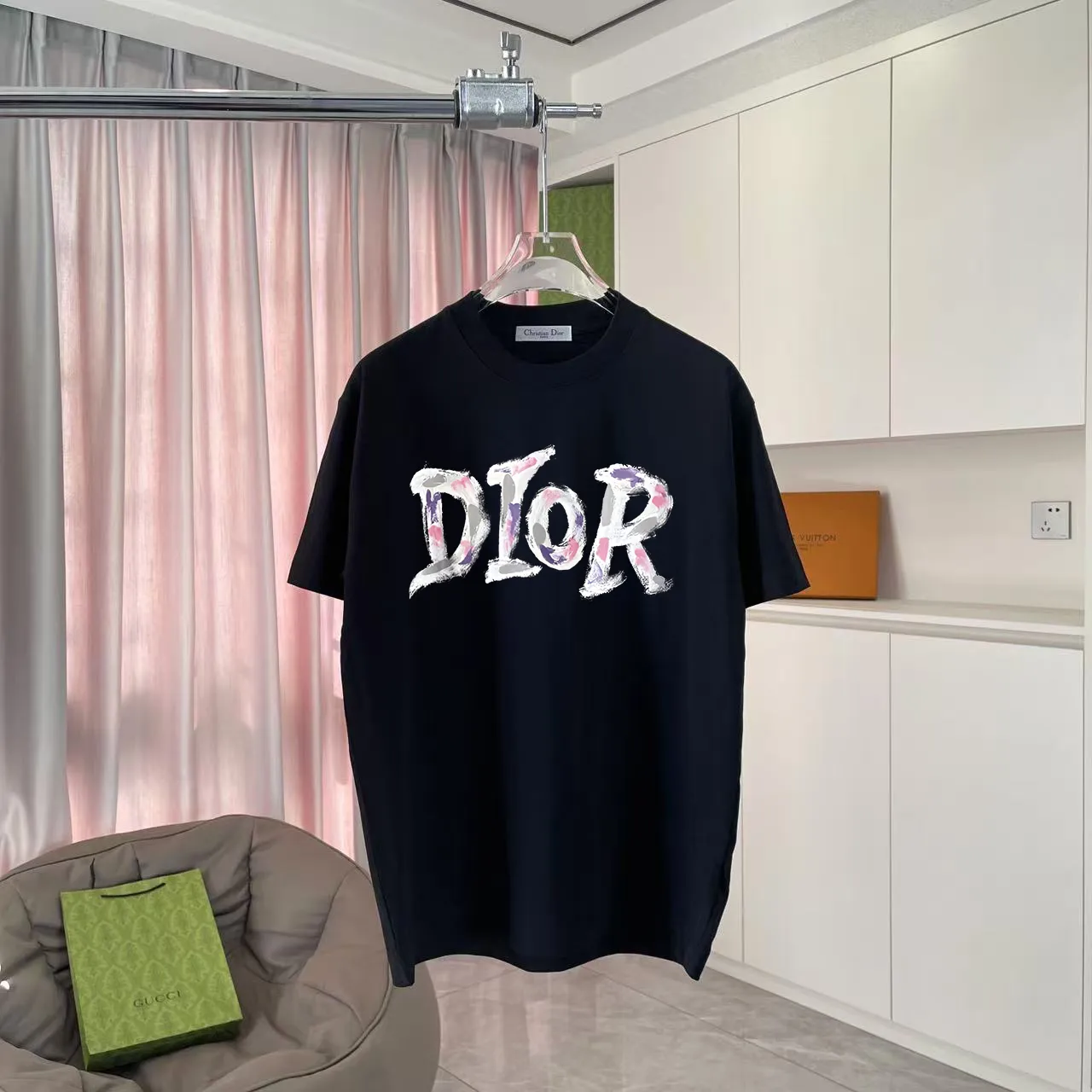 🅿️170 Dio*2025 autumn new style Personalized letter logo printing Short-sleeved T-shirt Customized fabric 300g Same style for men and women Color: Black White Pink Iron Gray Size: S M L XL XXL Five codes