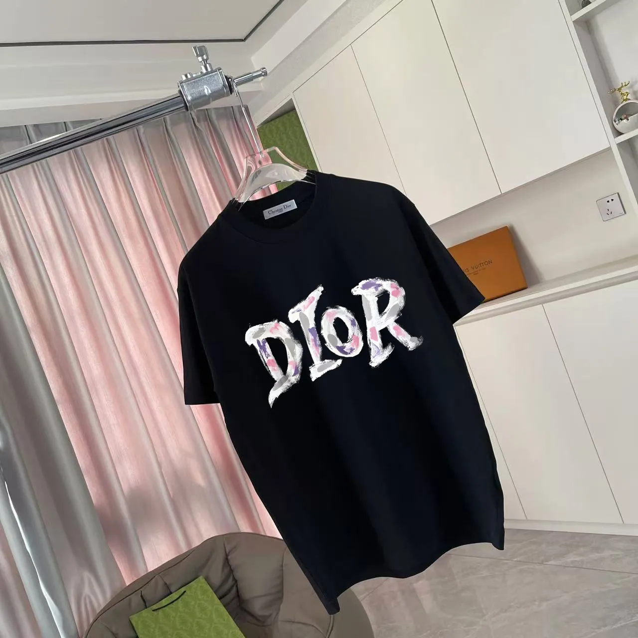 🅿️170 Dio*2025 autumn new style Personalized letter logo printing Short-sleeved T-shirt Customized fabric 300g Same style for men and women Color: Black White Pink Iron Gray Size: S M L XL XXL Five codes
