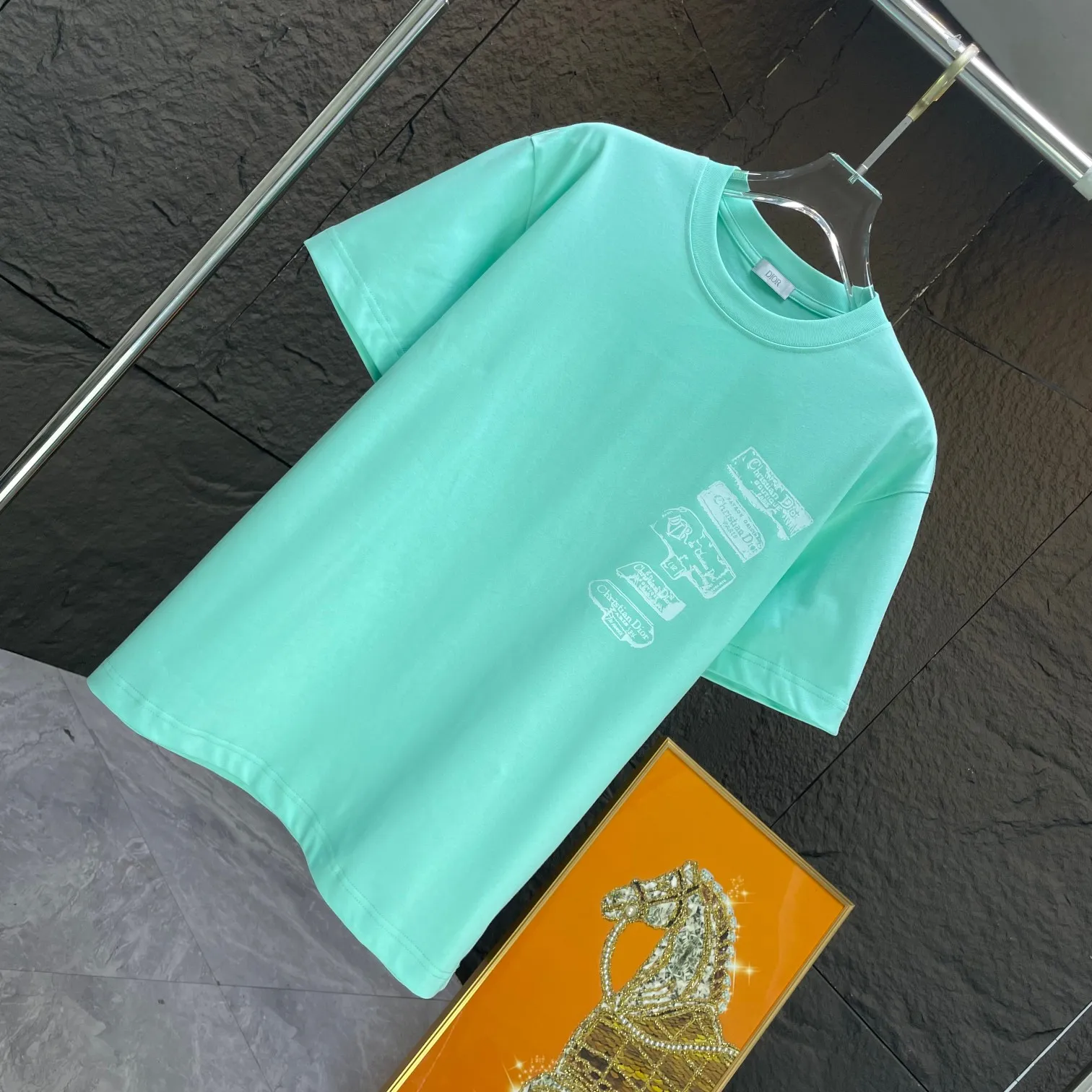 🅿️170 Dio* Dior* 2025 spring and summer new short-sleeved T-shirt Heavy cotton letter pattern printing Color: Black White Mint Green Size: S M L XL XXL