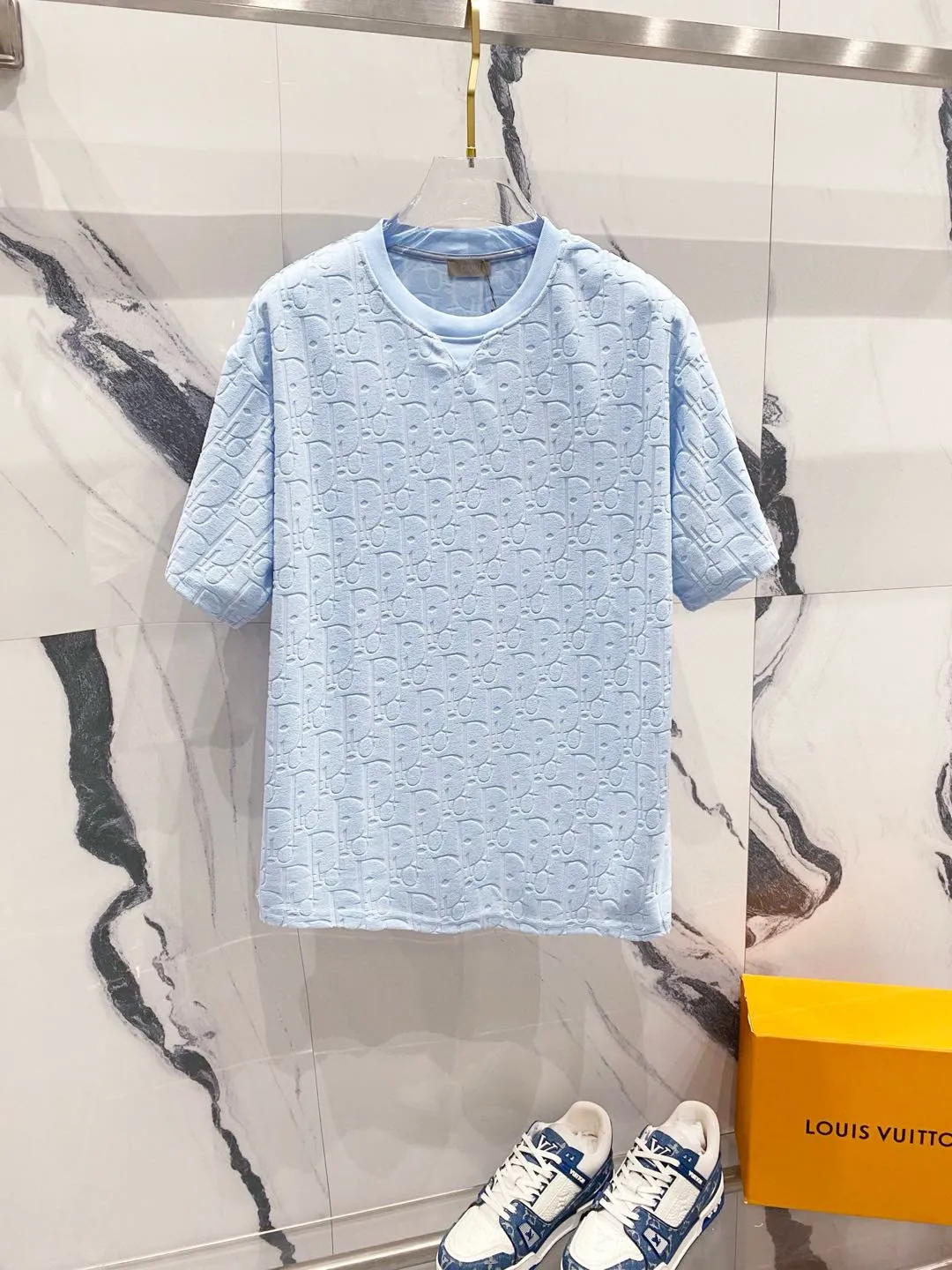 🅿️180 DIOR 260g round neck short-sleeved T-shirt, classic continuation of CD letters dark pattern LOGO, official synchronization, high version, high quality, fashionable personality, versatile trend, pure original quality, original fabric, hangtag, collar label, washed wheat, complete three labels, color: black, white, green, royal blue, brown, light blue, size: XS-L
