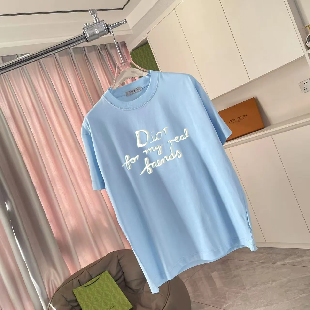 🅿️180 Dio Dior 2025 spring and summer new style personalized letter logo printing short-sleeved T-shirt customized fabric 300g same style for men and women Color: black white pink sky blue iron gray Size: S M L XL XXL five sizes ​