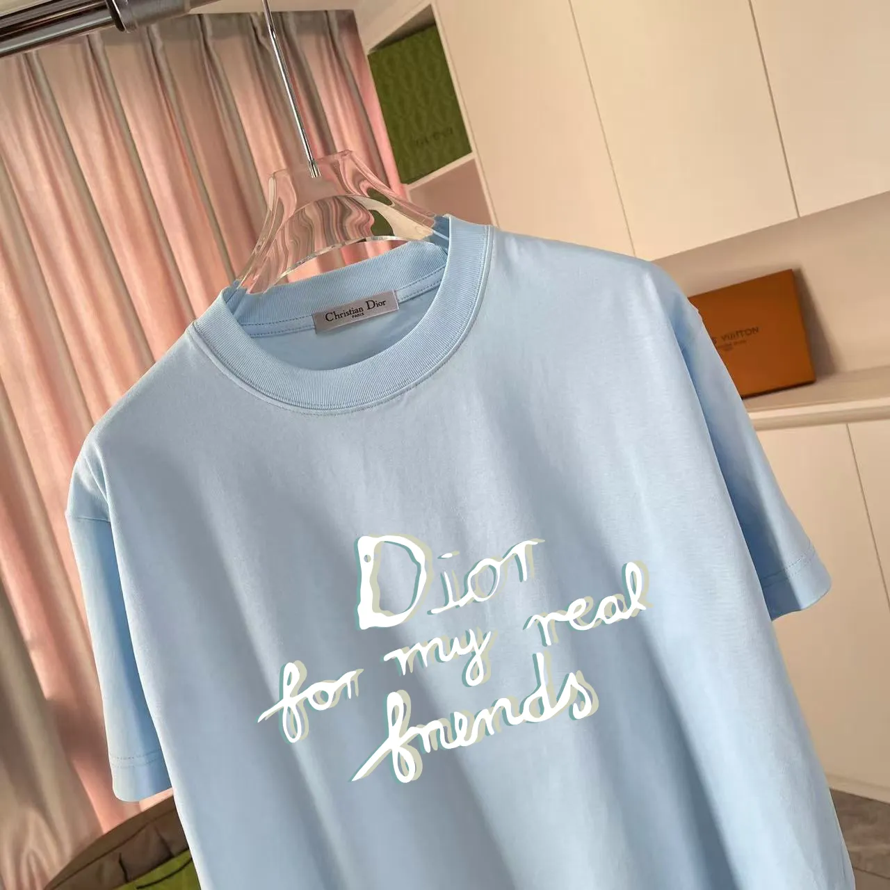🅿️180 Dio Dior 2025 spring and summer new style personalized letter logo printing short-sleeved T-shirt customized fabric 300g same style for men and women Color: black white pink sky blue iron gray Size: S M L XL XXL five sizes ​