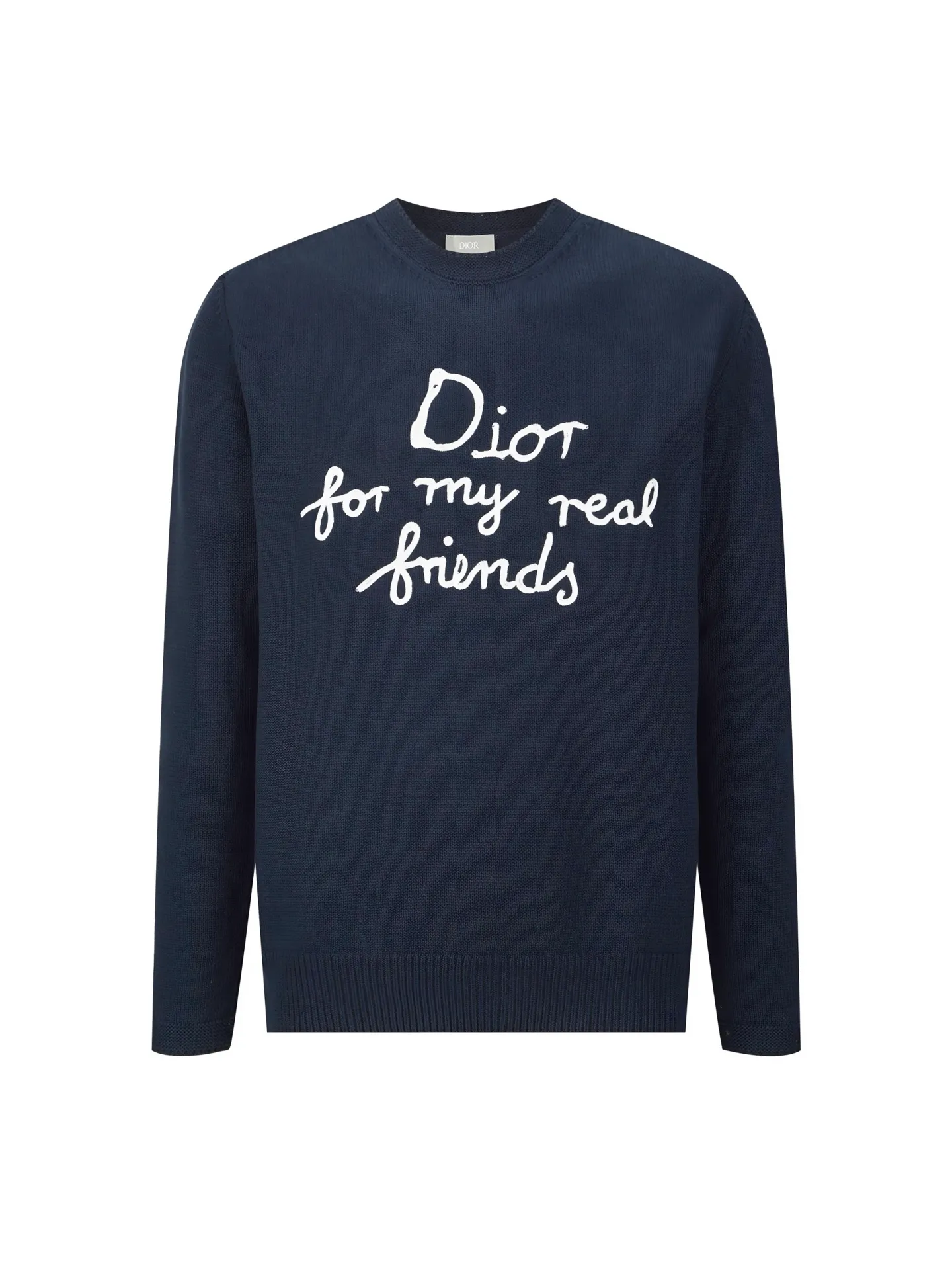 🅿️430 (1:1 original order quality) Dior's new embroidered knitted pullover round neck sweater. Fabric: Made of 16-count single yarn fabric. This fabric is woven from blended cotton yarn. When paired with a 7-needle machine, the garment effect will be more three-dimensional.  Craftsmanship: The embroidery uses 3D three-dimensional cotton thread embroidery. The embroidery craft density is high and the number of stitches is high enough not to catch hair, and the upper body effect is more high-end.  This sweater displays the Dior For My Real Friends logo from the DIOR AND HYLTON NEL collaboration. Crafted from blue cotton-blend jersey, it has a regular fit with ribbed details and embroidery on the chest for added style. Pair it with a variety of casual looks this season. DIOR AND HYLTON NEL collaboration Dior For My Real Friends logo embroidered on the chest Ribbed crew neck, hem and cuffs Men's and women's Color: Blue/White Size: S M L